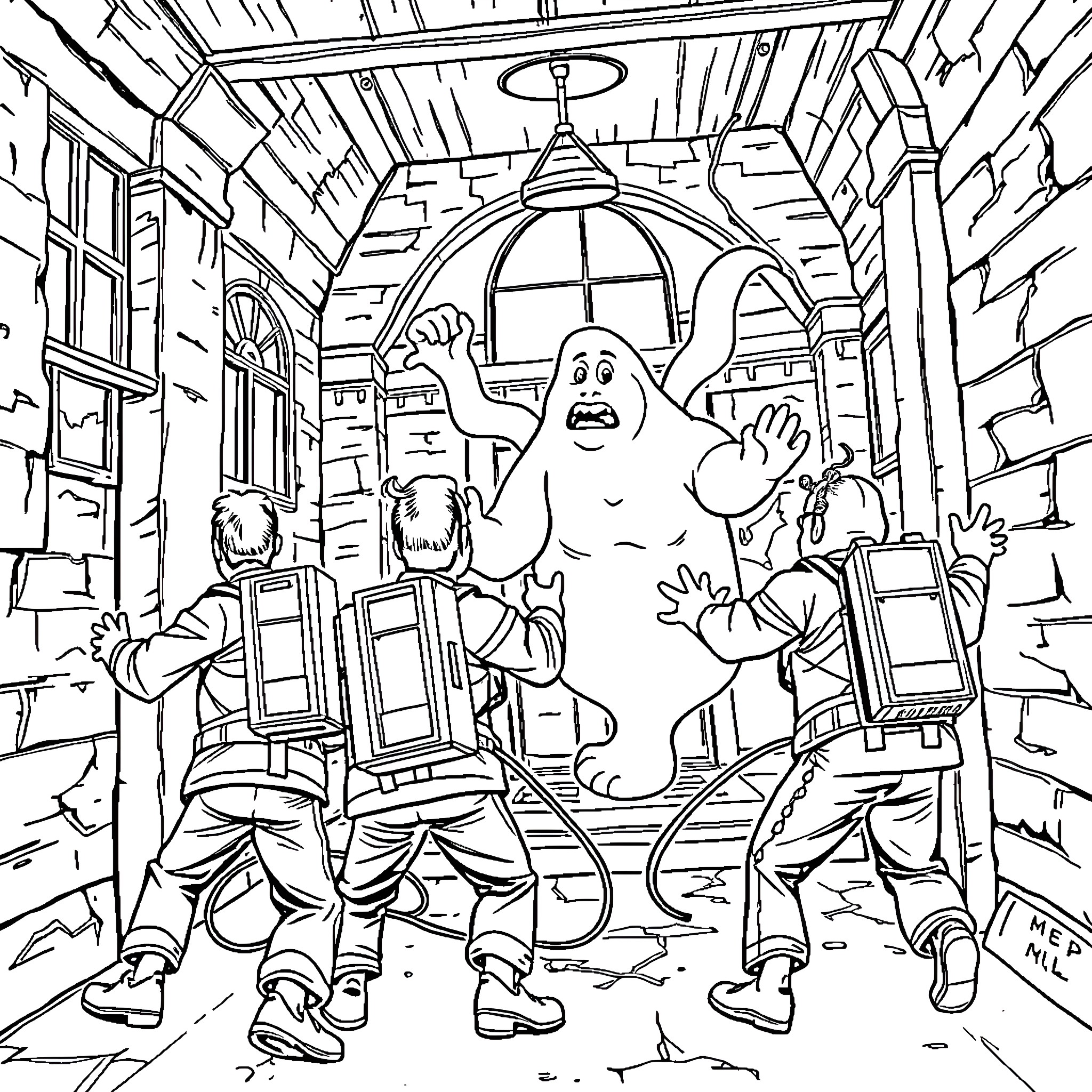 Ghost scaring people in an old building Coloring Page (free black-and-white line drawing printable PDF for all, from beginners to advanced learners, including children, teens, adults, and seniors)