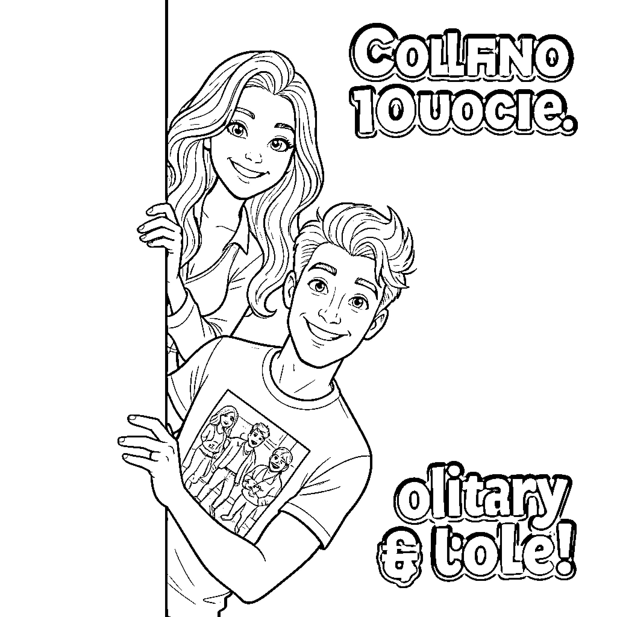Couple posing for a playful portrait Coloring Page (free black-and-white line drawing printable PDF for all, from beginners to advanced learners, including children, teens, adults, and seniors)