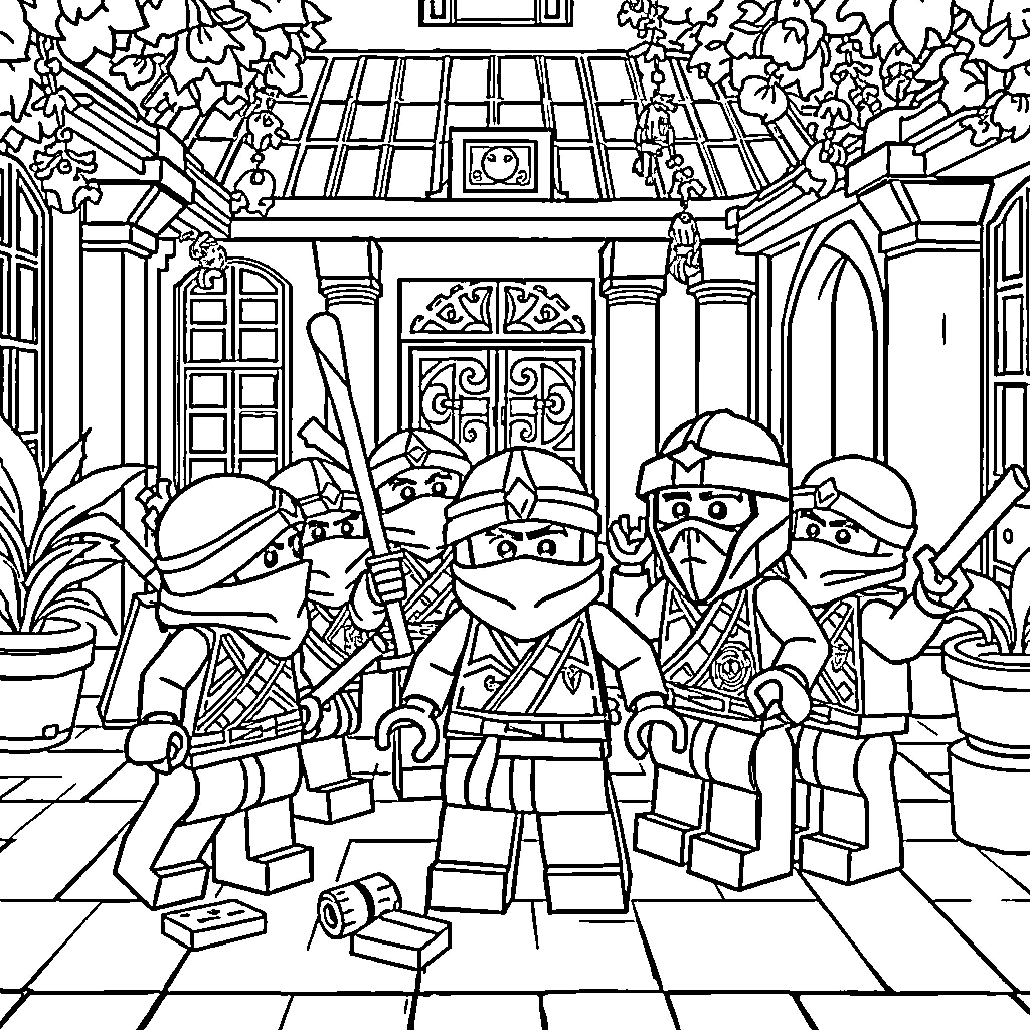 Ninjago characters in an action scene Coloring Page (free black-and-white line drawing printable PDF for all, from beginners to advanced learners, including children, teens, adults, and seniors)