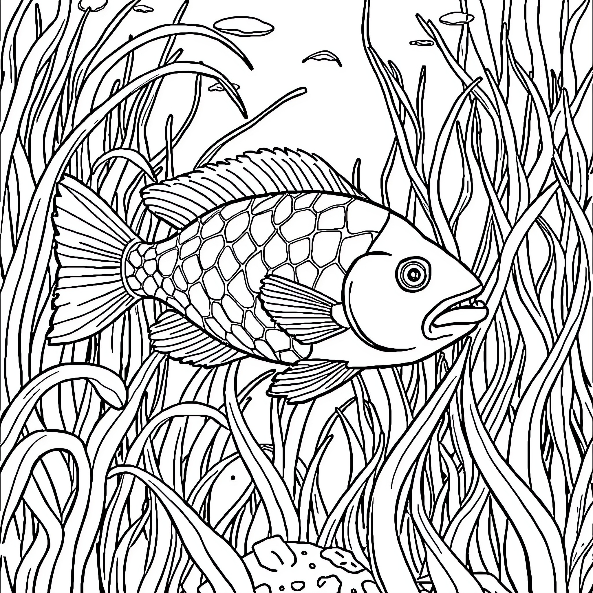 Fish swimming among seaweed and plants Coloring Page (free black-and-white line drawing printable PDF for all, from beginners to advanced learners, including children, teens, adults, and seniors)