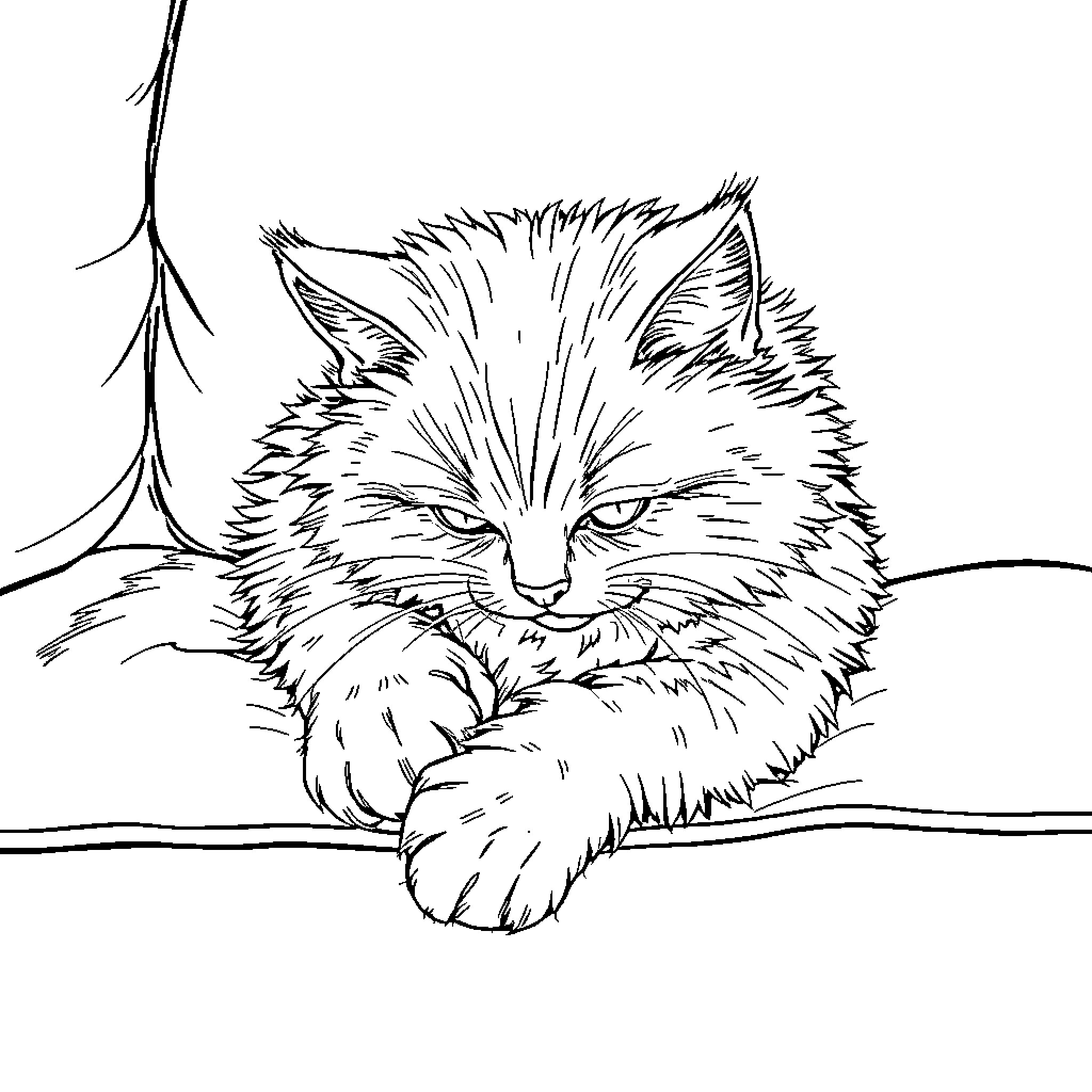 Cat resting on a branch with a stern expression Coloring Page (free black-and-white line drawing printable PDF for all, from beginners to advanced learners, including children, teens, adults, and seniors)