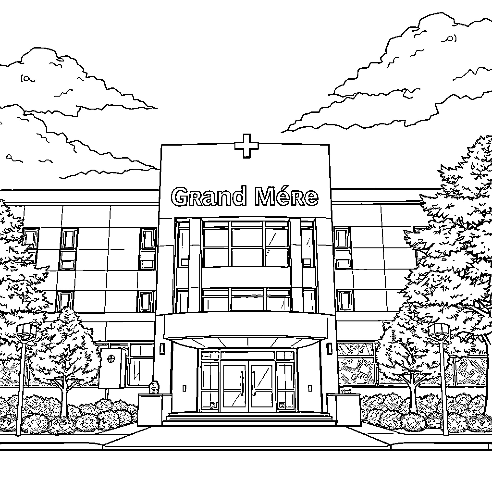 Hôpital Grand Mère with medical signage and landscaping Coloring Page (free black-and-white line drawing printable PDF for all, from beginners to advanced learners, including children, teens, adults, and seniors)