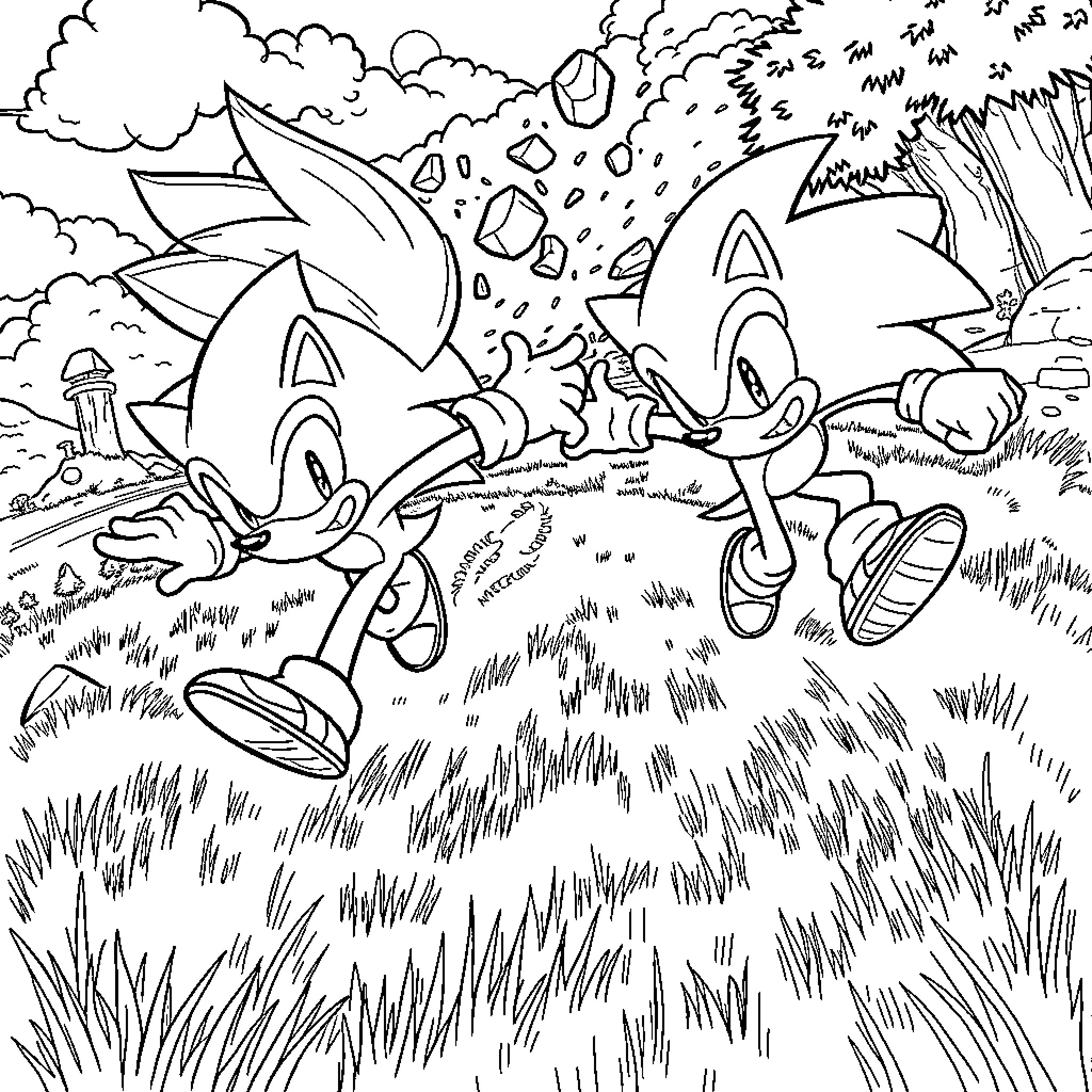 Sonic racing through a lush outdoor scene Coloring Page (free black-and-white line drawing printable PDF for all, from beginners to advanced learners, including children, teens, adults, and seniors)