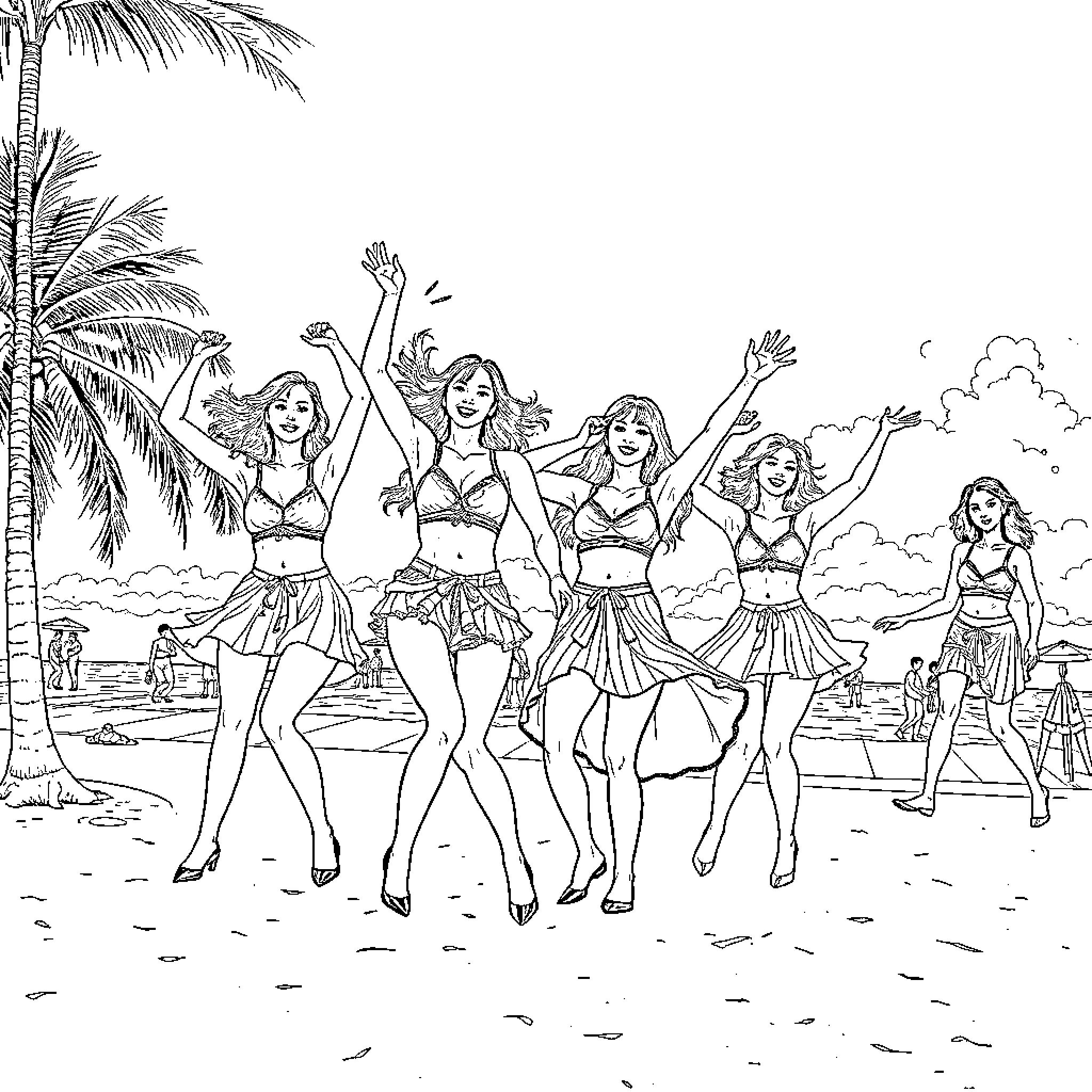 Kpop Warriors Celebrate on the Beach Coloring Page (free black-and-white line drawing printable PDF for all, from beginners to advanced learners, including children, teens, adults, and seniors)