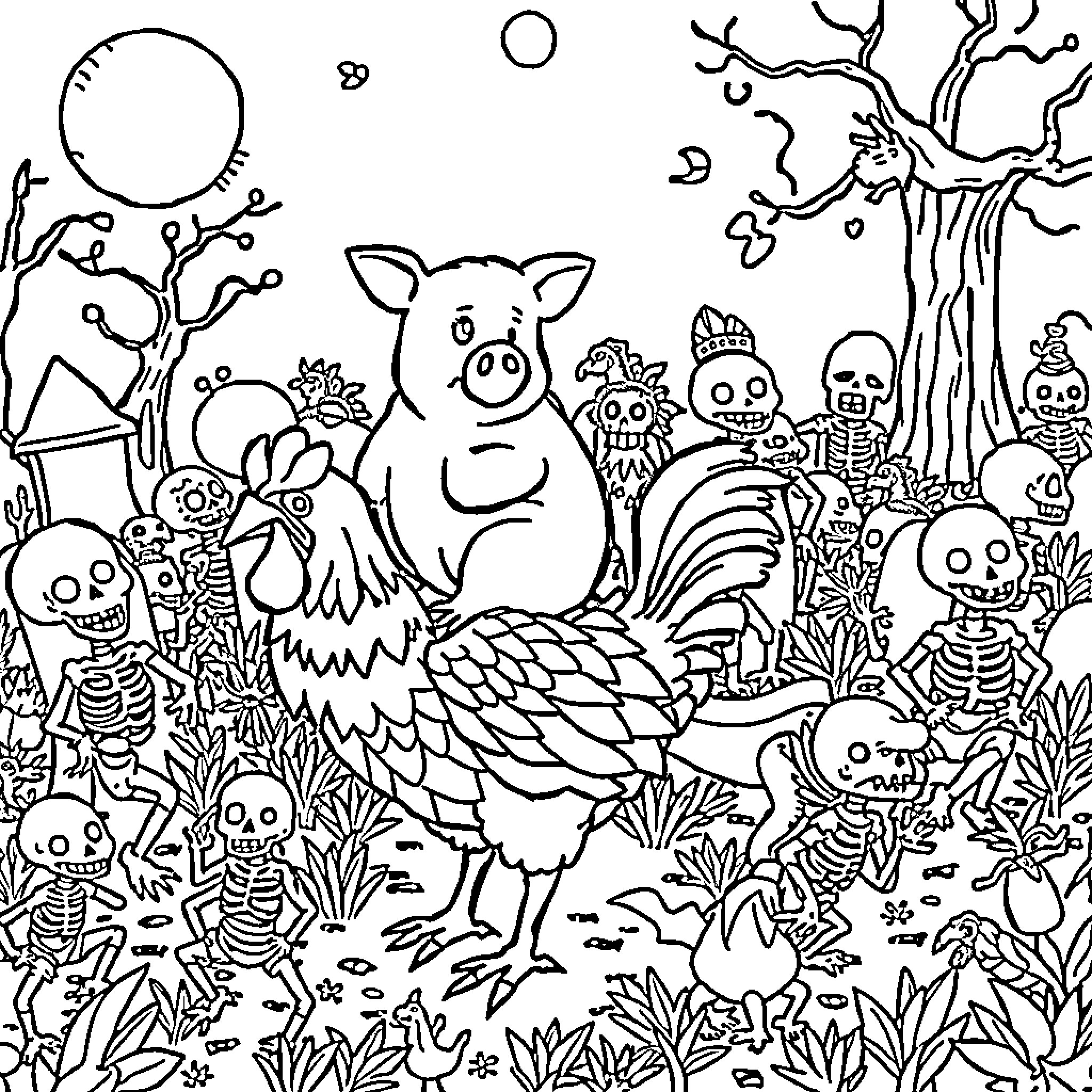 Pig and friends in a whimsical forest scene Coloring Page (free black-and-white line drawing printable PDF for all, from beginners to advanced learners, including children, teens, adults, and seniors)