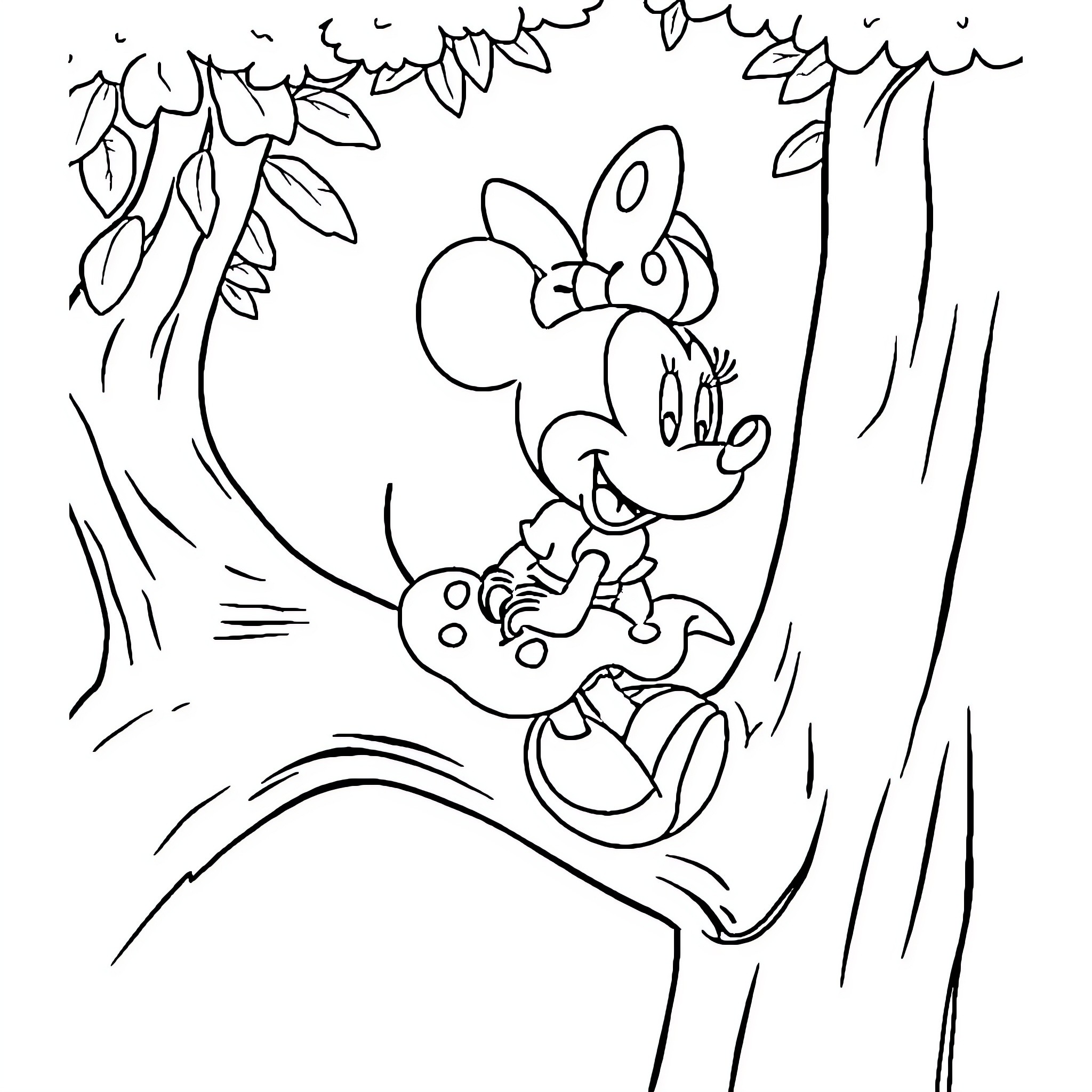 Minnie relaxing on a tree branch Coloring Page (free black-and-white line drawing printable PDF for all, from beginners to advanced learners, including children, teens, adults, and seniors)