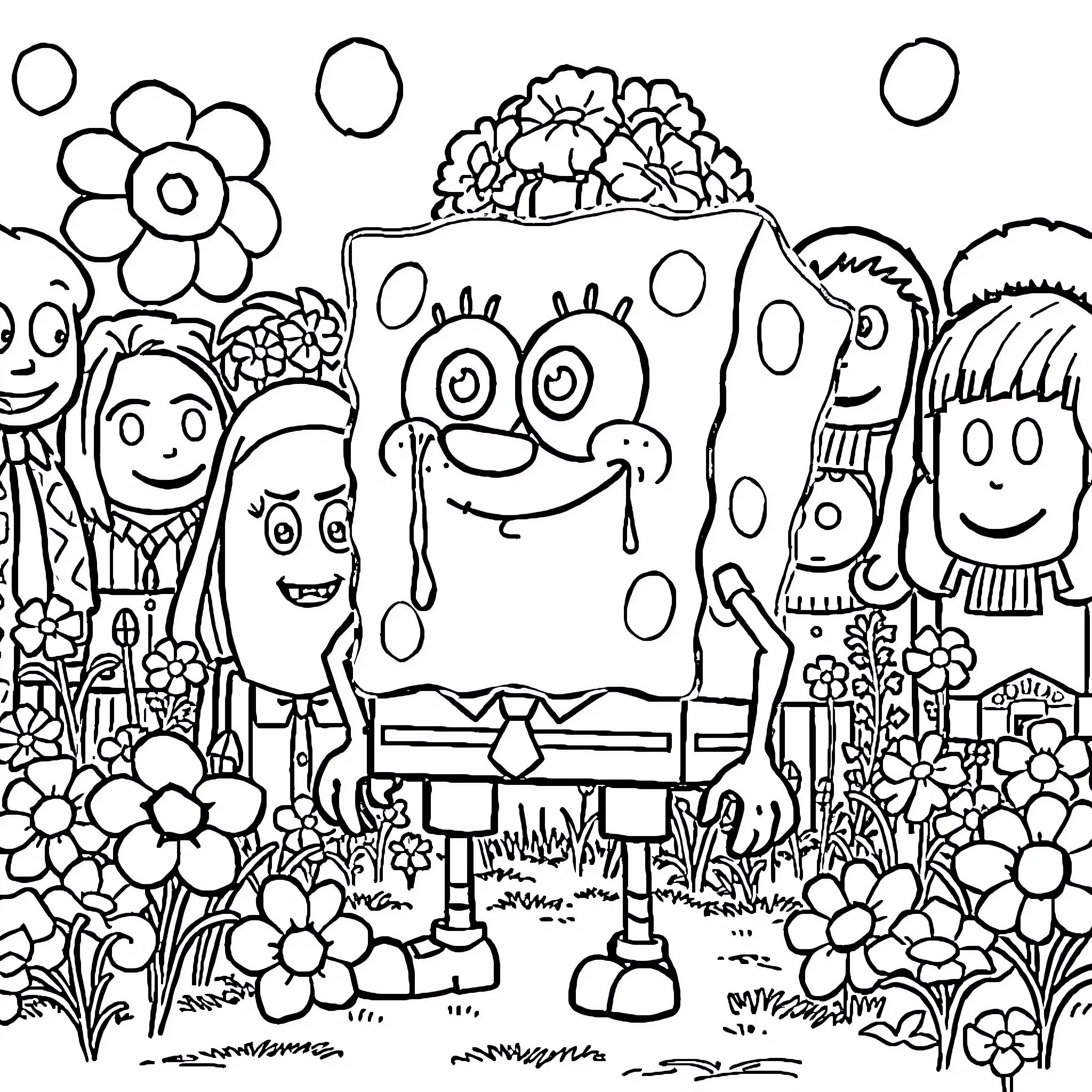 Spongebob and friends in a whimsical garden scene Coloring Page (free black-and-white line drawing printable PDF for all, from beginners to advanced learners, including children, teens, adults, and seniors)