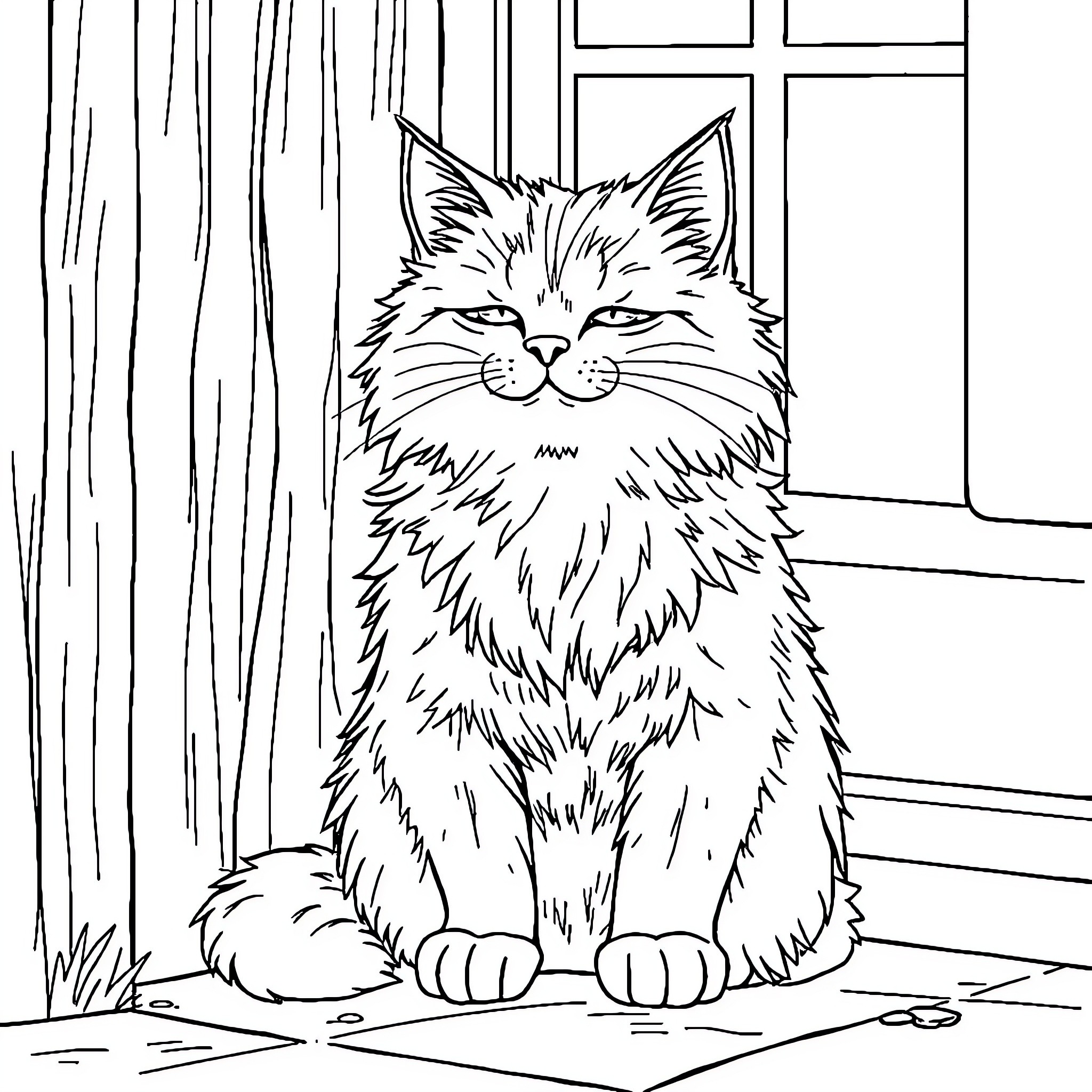 Cat sitting near window Coloring Page (free black-and-white line drawing printable PDF for all, from beginners to advanced learners, including children, teens, adults, and seniors)