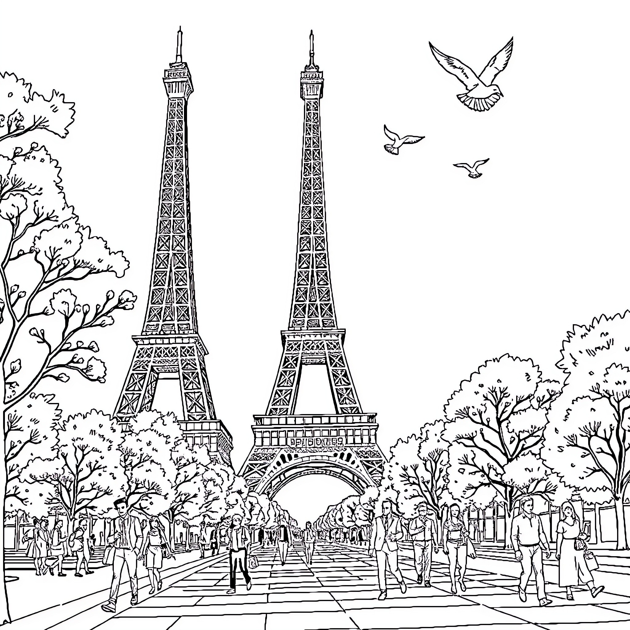 Eiffel Tower Surrounded by Bustling Crowds Coloring Page (free black-and-white line drawing printable PDF for all, from beginners to advanced learners, including children, teens, adults, and seniors)