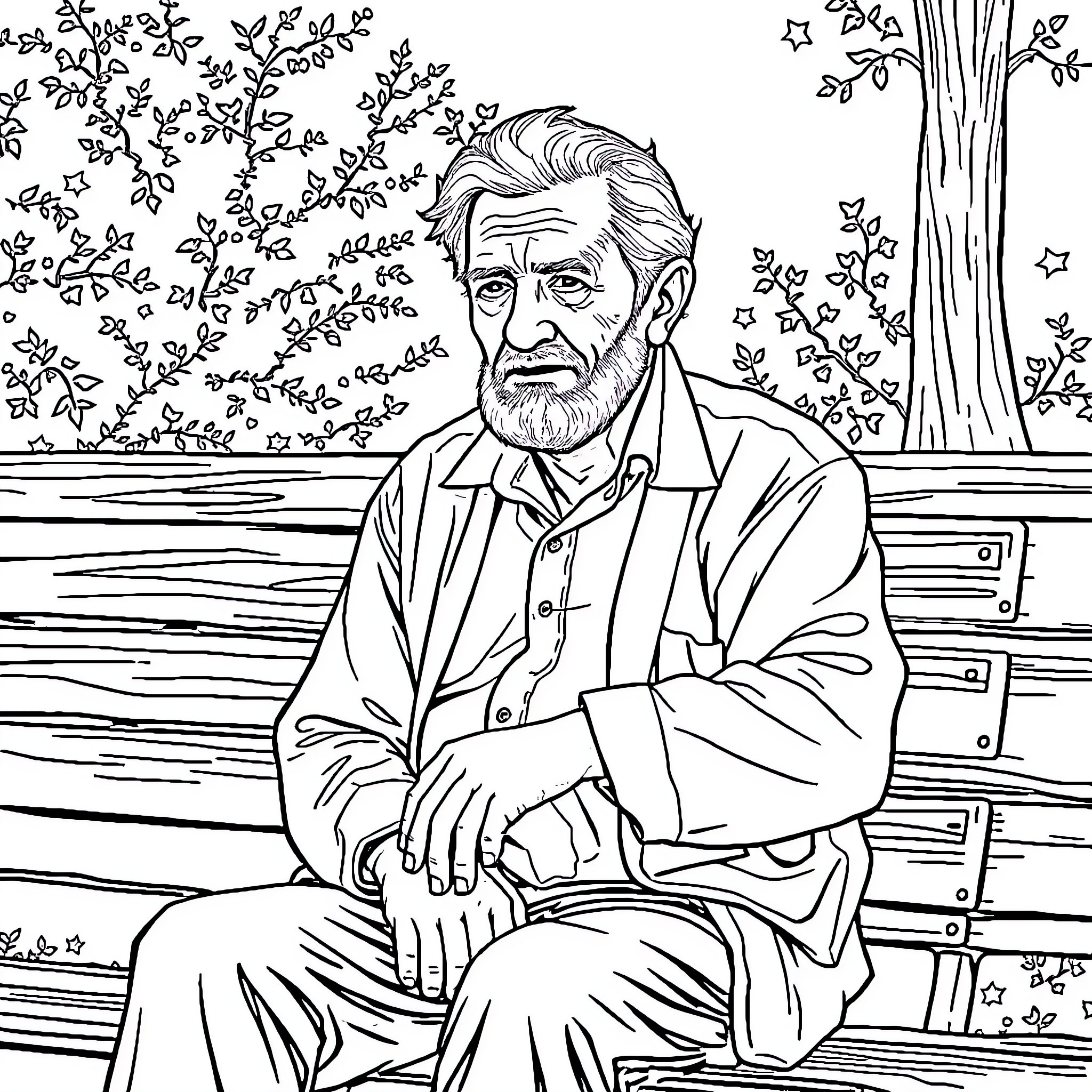 Man sitting pensively on a bench in a park Coloring Page (free black-and-white line drawing printable PDF for all, from beginners to advanced learners, including children, teens, adults, and seniors)