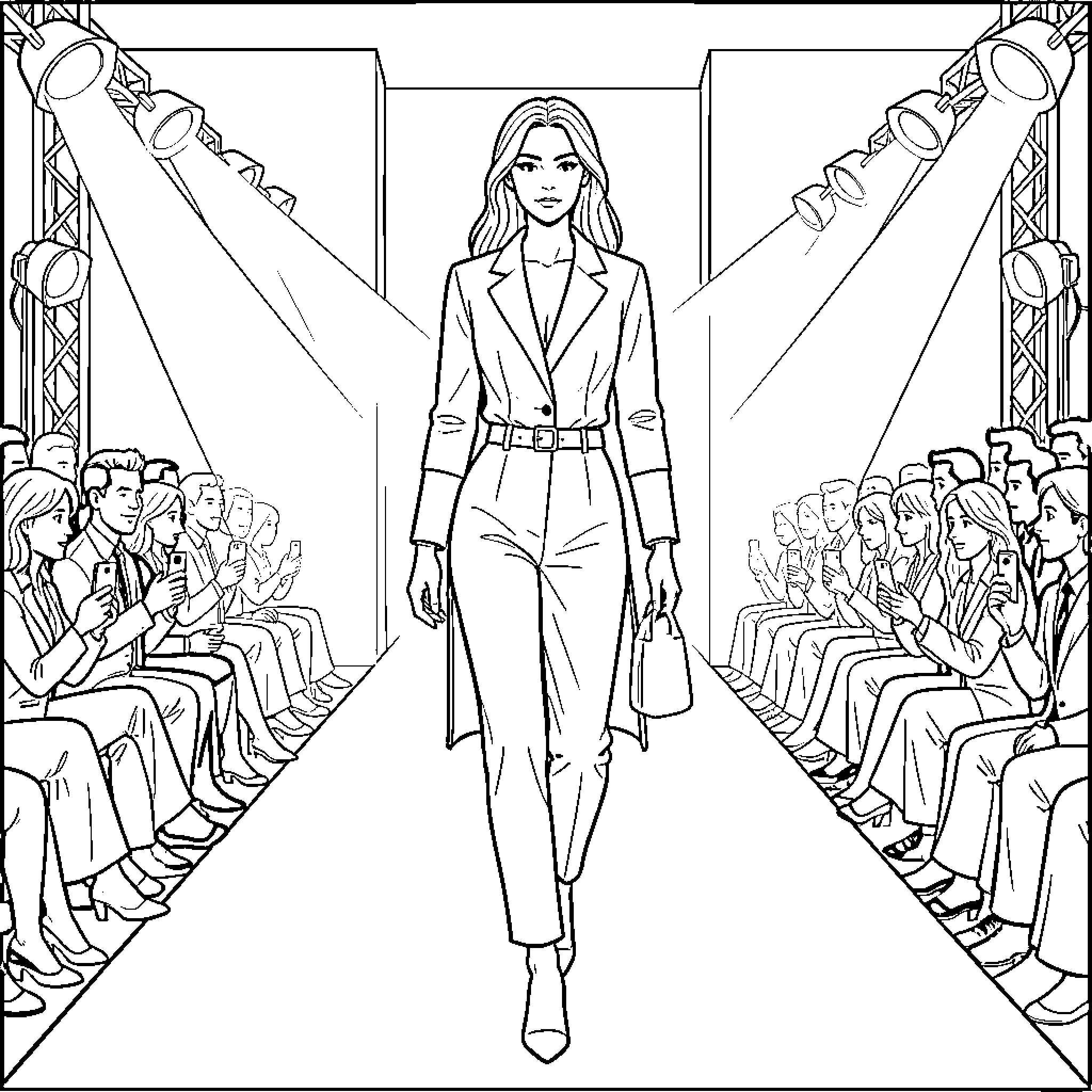 Model walking confidently down a fashion runway Coloring Page (free black-and-white line drawing printable PDF for all, from beginners to advanced learners, including children, teens, adults, and seniors)