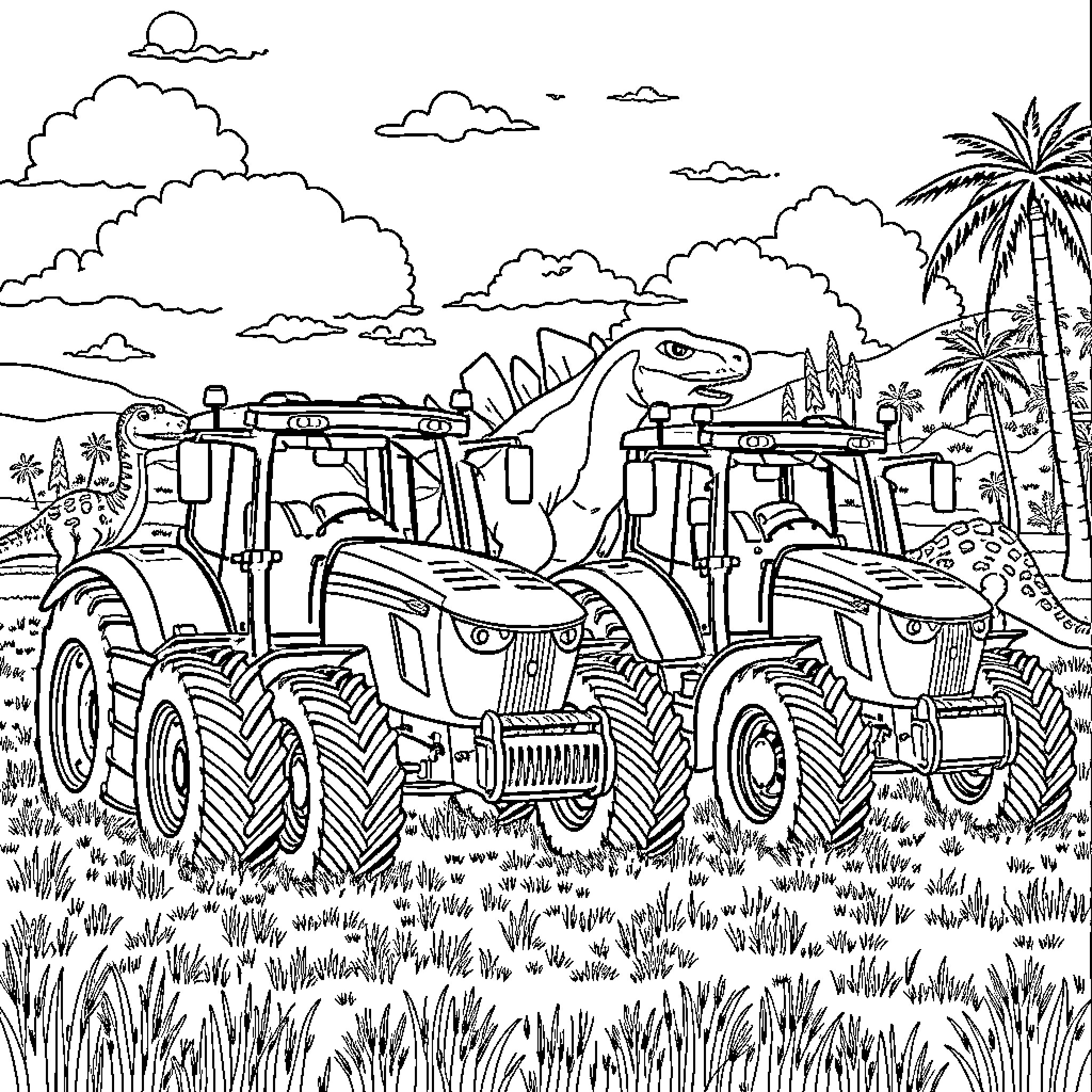 Tractor Ride Through Tropical Landscape Coloring Page (free black-and-white line drawing printable PDF for all, from beginners to advanced learners, including children, teens, adults, and seniors)