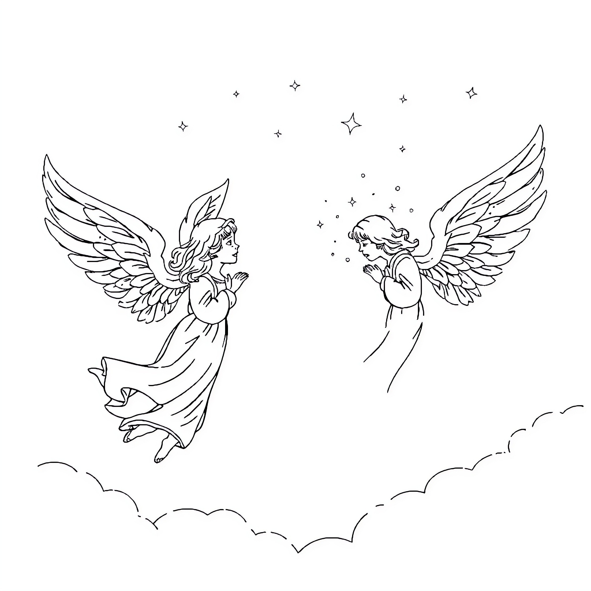 Angel figures in flight with stars Coloring Page (free black-and-white line drawing printable PDF for all, from beginners to advanced learners, including children, teens, adults, and seniors)