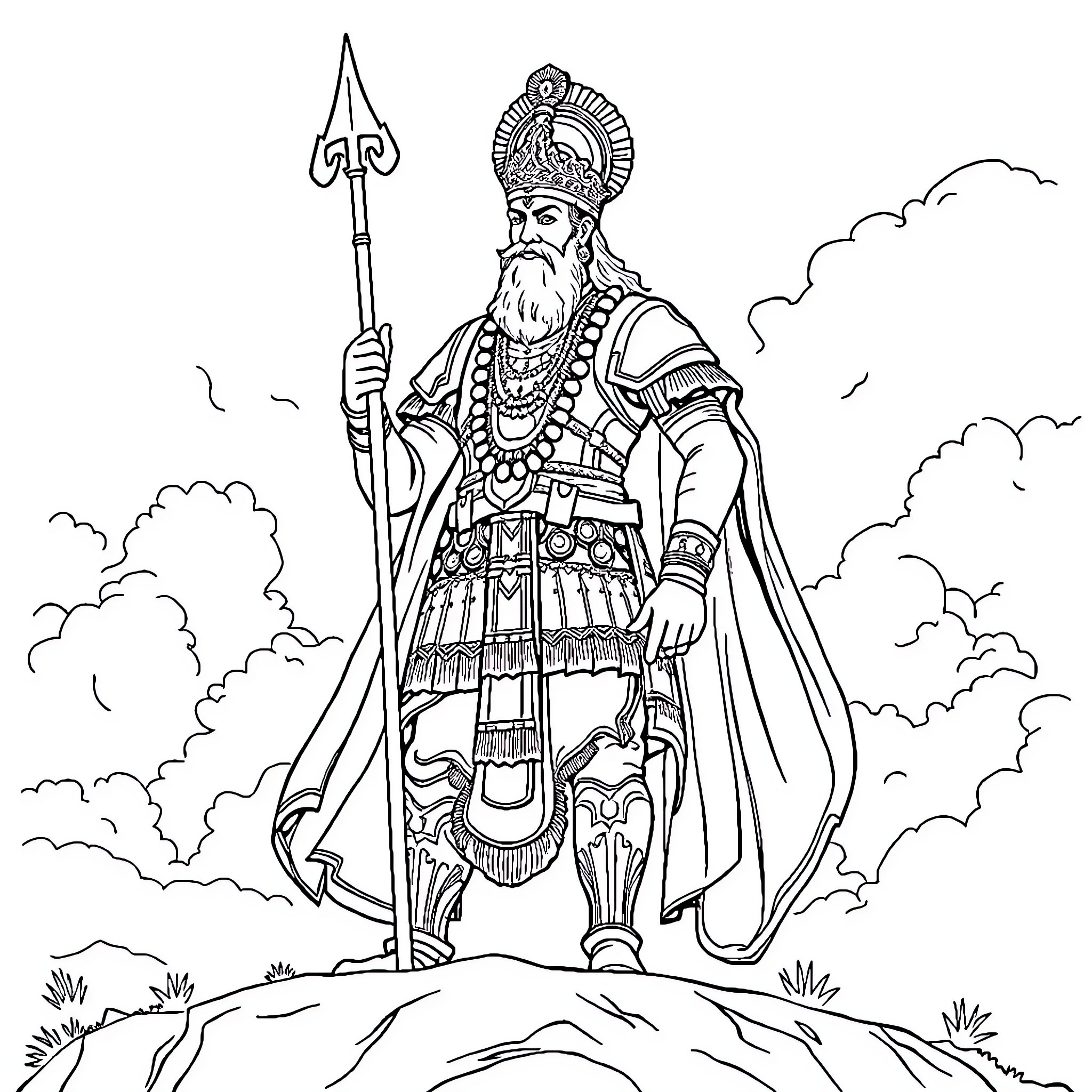 Chhatrapati Shivaji Maharaj in regal attire holding a spear Coloring Page (free black-and-white line drawing printable PDF for all, from beginners to advanced learners, including children, teens, adults, and seniors)
