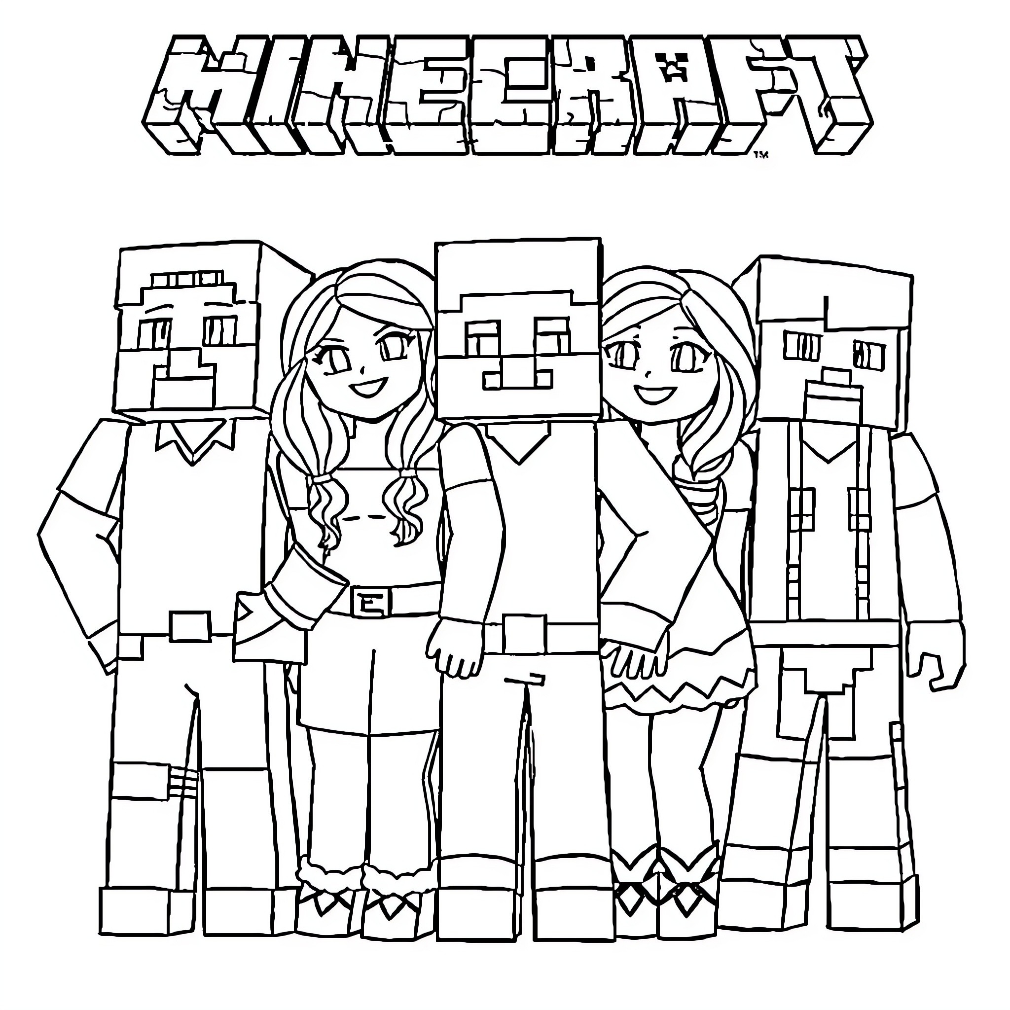 Minecraft Characters Posing Together Coloring Page (free black-and-white line drawing printable PDF for all, from beginners to advanced learners, including children, teens, adults, and seniors)