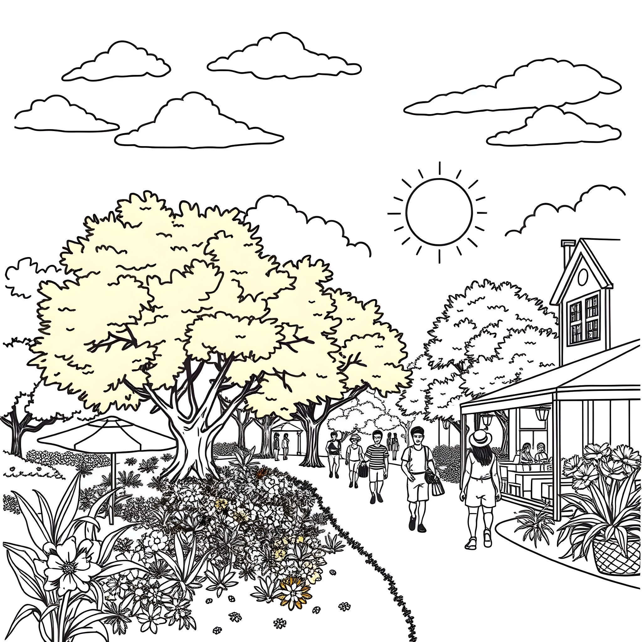 Summer fun at the outdoor cafe Coloring Page (free black-and-white line drawing printable PDF for all, from beginners to advanced learners, including children, teens, adults, and seniors)