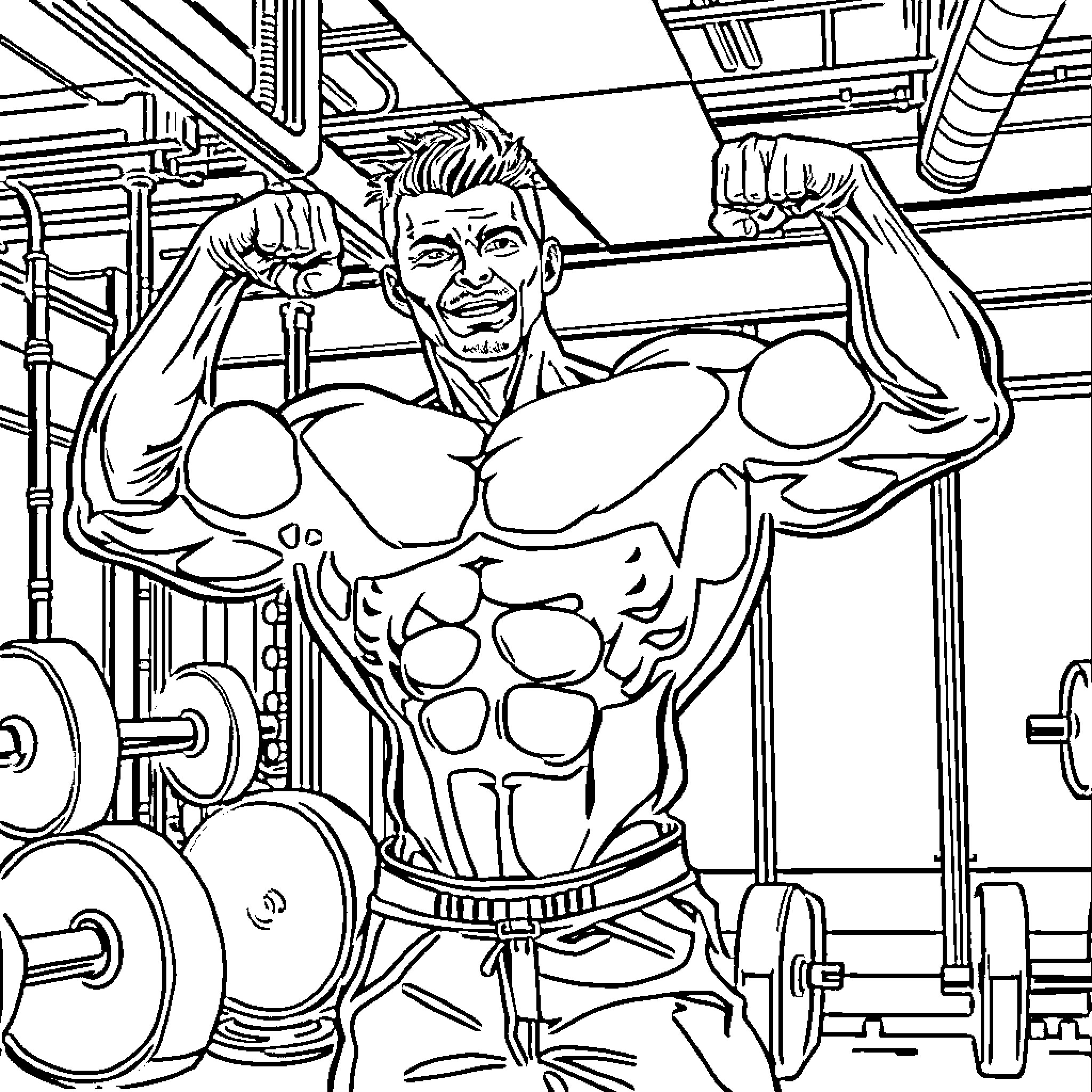 Bodybuilder flexing muscles in the gym Coloring Page (free black-and-white line drawing printable PDF for all, from beginners to advanced learners, including children, teens, adults, and seniors)