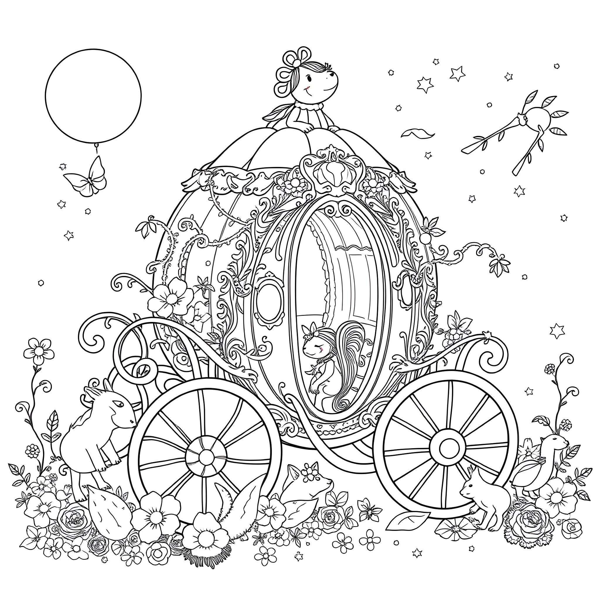 Cinderella's Magical Carriage Ride Coloring Page (free black-and-white line drawing printable PDF for all, from beginners to advanced learners, including children, teens, adults, and seniors)