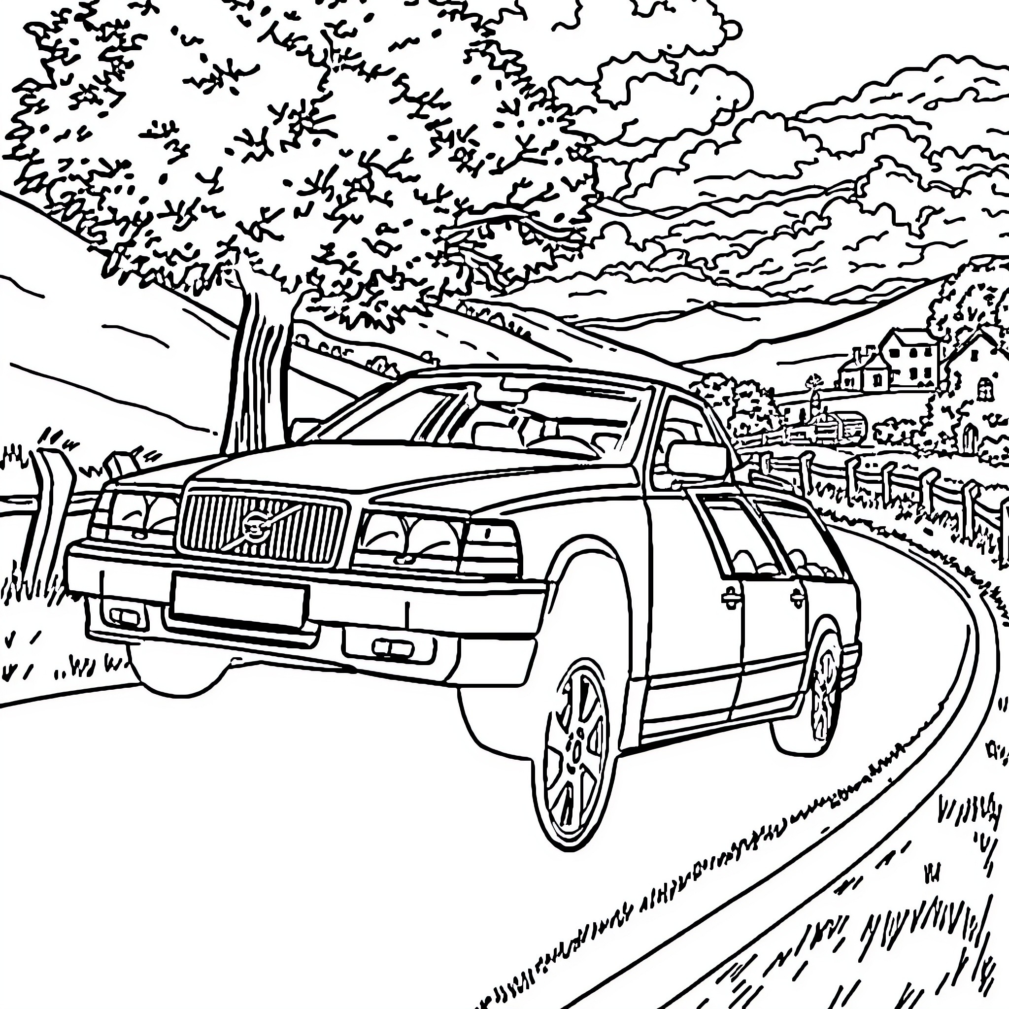 Volvo SUV Navigating Scenic Countryside Coloring Page (free black-and-white line drawing printable PDF for all, from beginners to advanced learners, including children, teens, adults, and seniors)