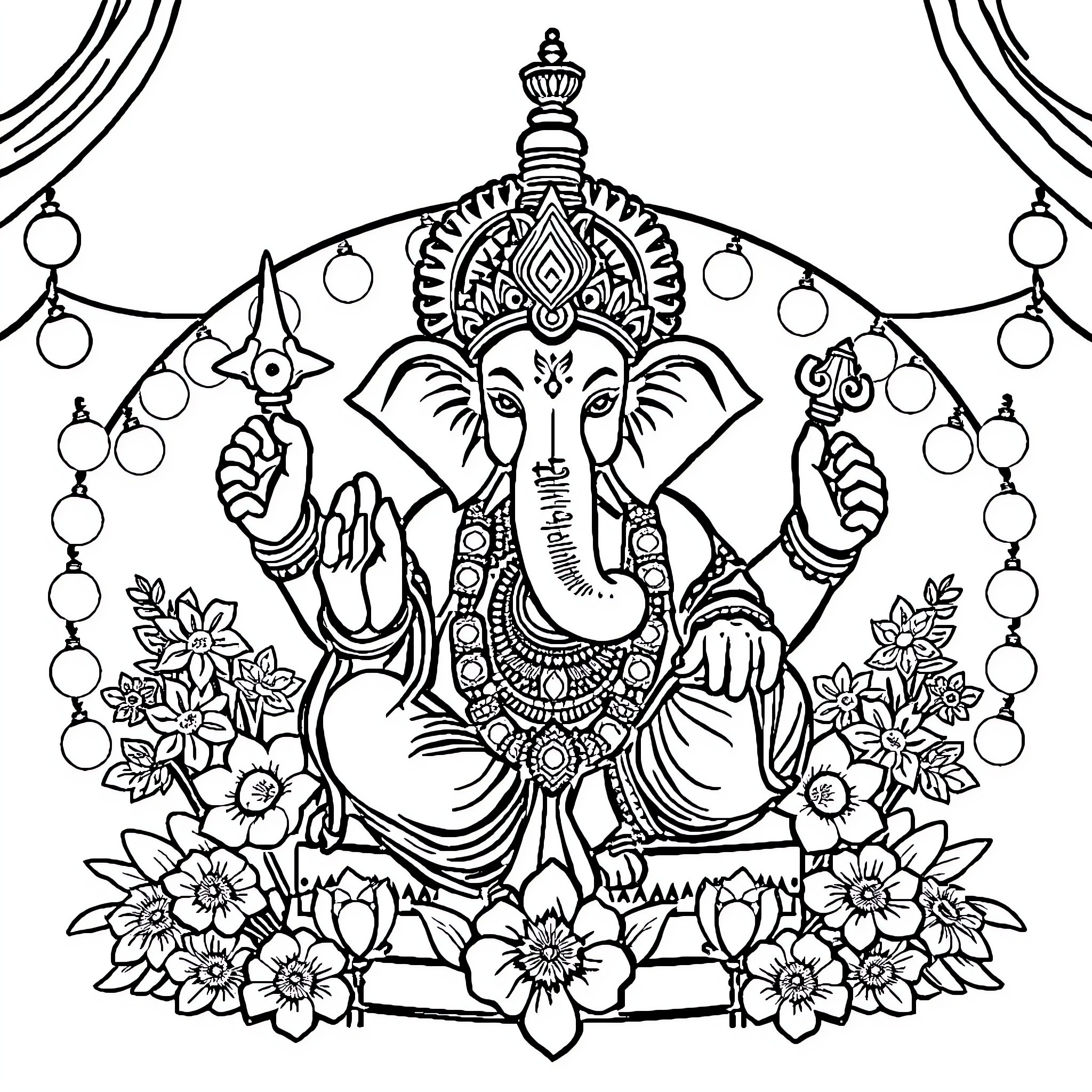 Ganpati Sitting Amidst Floral Decorations Coloring Page (free black-and-white line drawing printable PDF for all, from beginners to advanced learners, including children, teens, adults, and seniors)