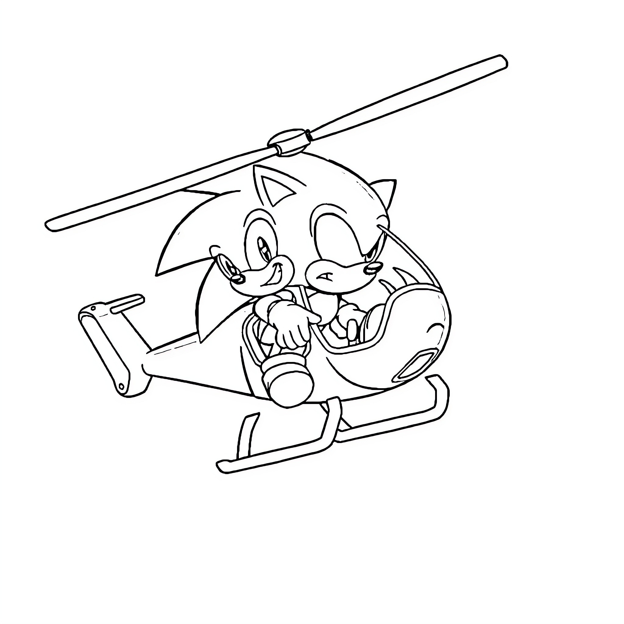 Sonic riding a helicopter with excitement Coloring Page (free black-and-white line drawing printable PDF for all, from beginners to advanced learners, including children, teens, adults, and seniors)
