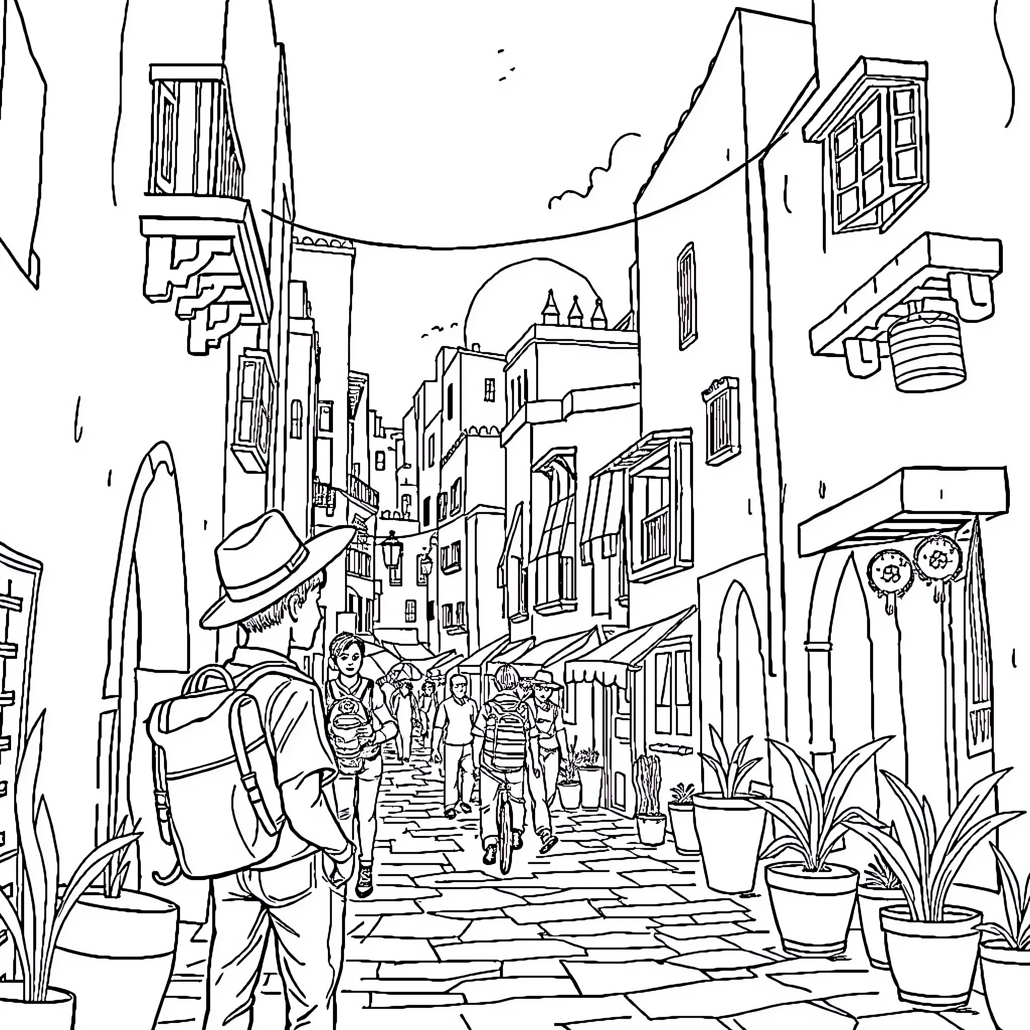 Tom Sawyer's Whimsical Stroll through the Vibrant Village Coloring Page (free black-and-white line drawing printable PDF for all, from beginners to advanced learners, including children, teens, adults, and seniors)