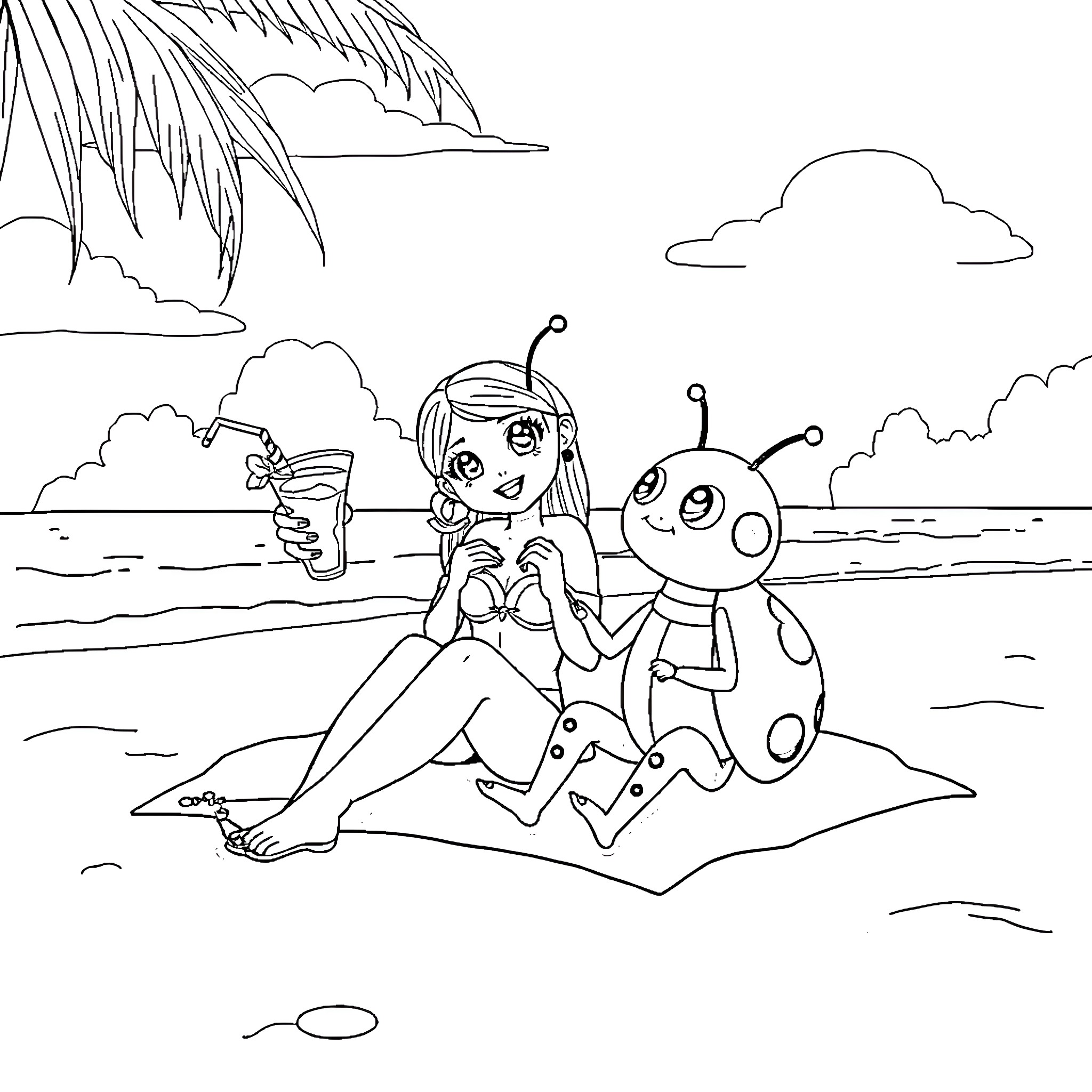 Ladybug relaxing on the beach with a drink Coloring Page (free black-and-white line drawing printable PDF for all, from beginners to advanced learners, including children, teens, adults, and seniors)