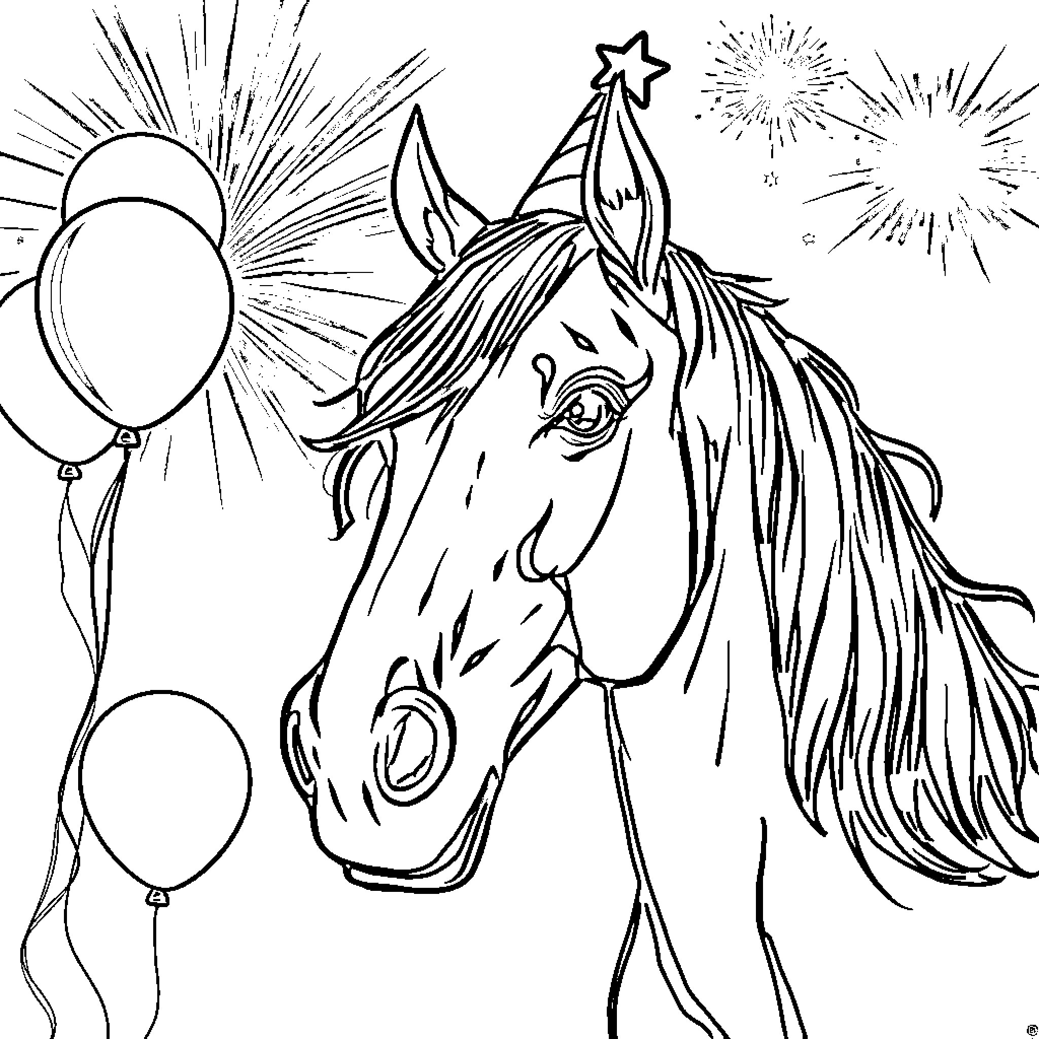 Horse Celebrating with Balloons and Fireworks Coloring Page (free black-and-white line drawing printable PDF for all, from beginners to advanced learners, including children, teens, adults, and seniors)