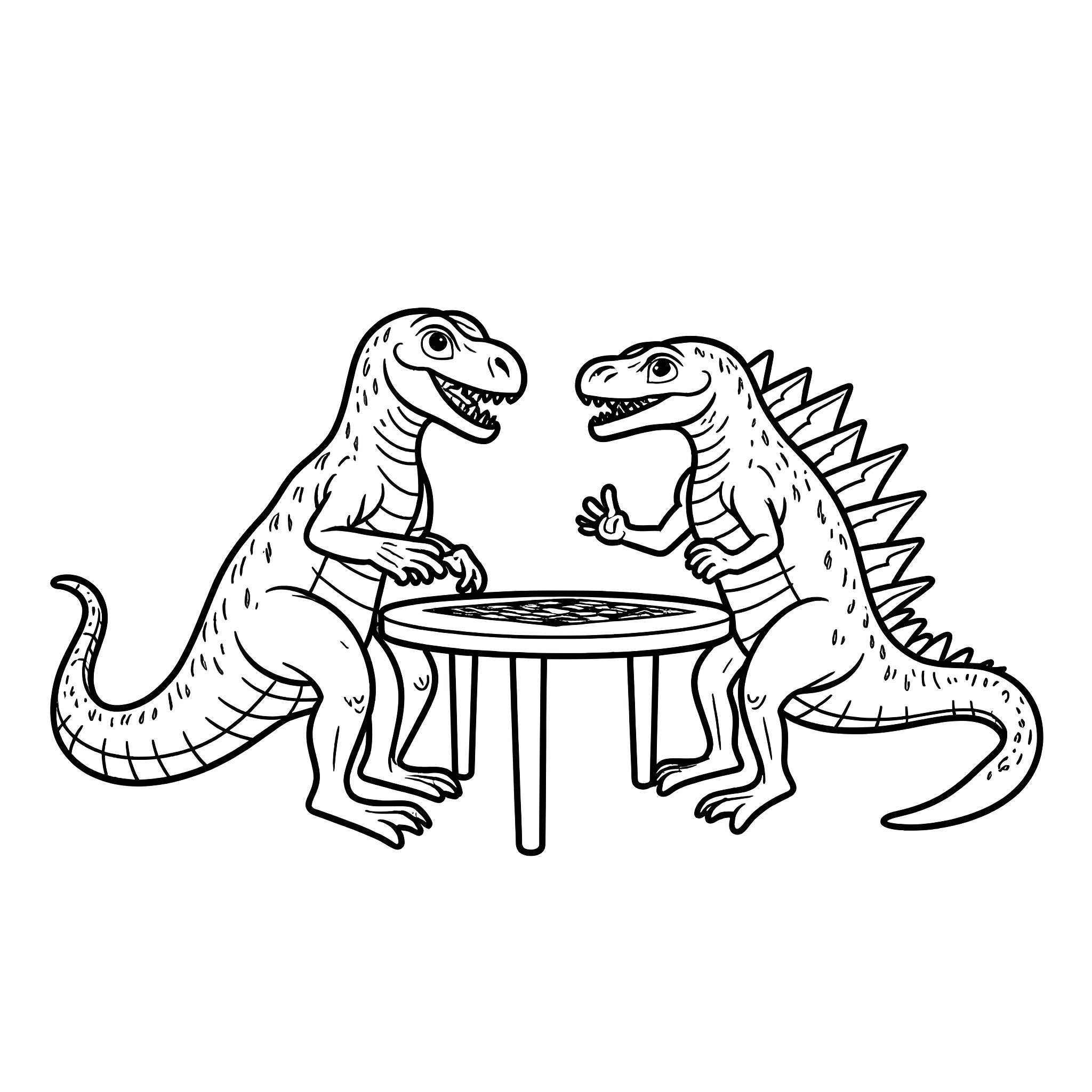 Raptor friends dining together happily Coloring Page (free black-and-white line drawing printable PDF for all, from beginners to advanced learners, including children, teens, adults, and seniors)
