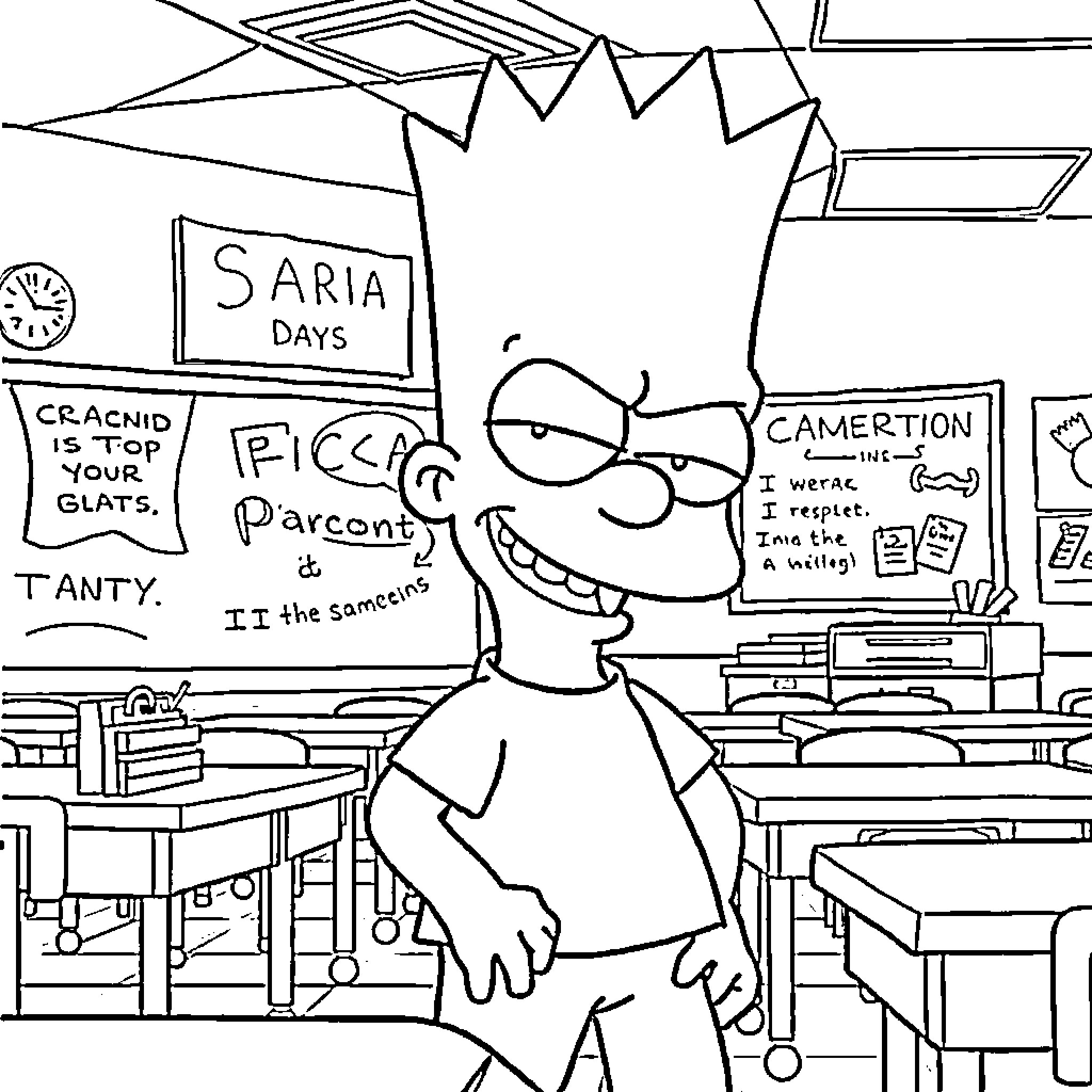 Bart Simpson's chaotic classroom antics Coloring Page (free black-and-white line drawing printable PDF for all, from beginners to advanced learners, including children, teens, adults, and seniors)