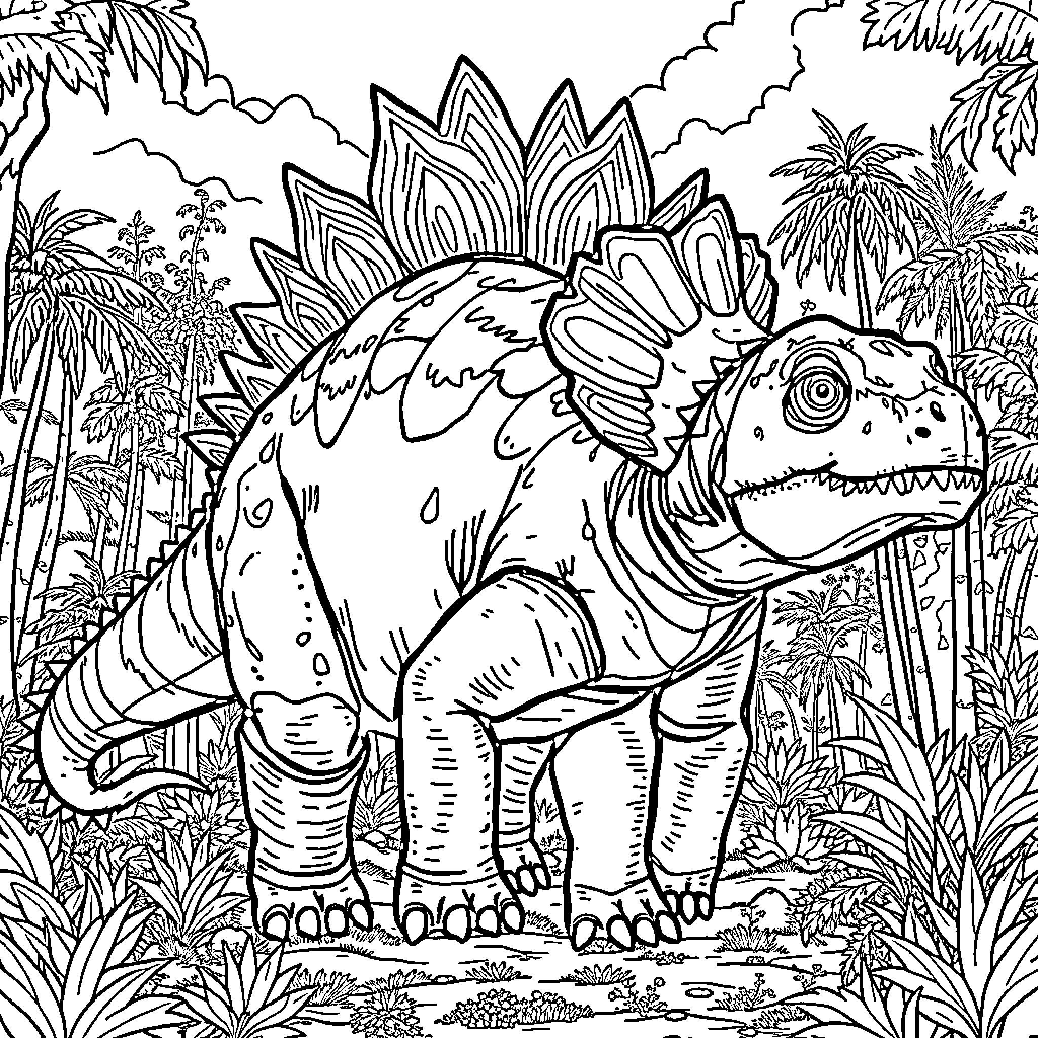 Ankylosaurus exploring lush prehistoric landscape Coloring Page (free black-and-white line drawing printable PDF for all, from beginners to advanced learners, including children, teens, adults, and seniors)