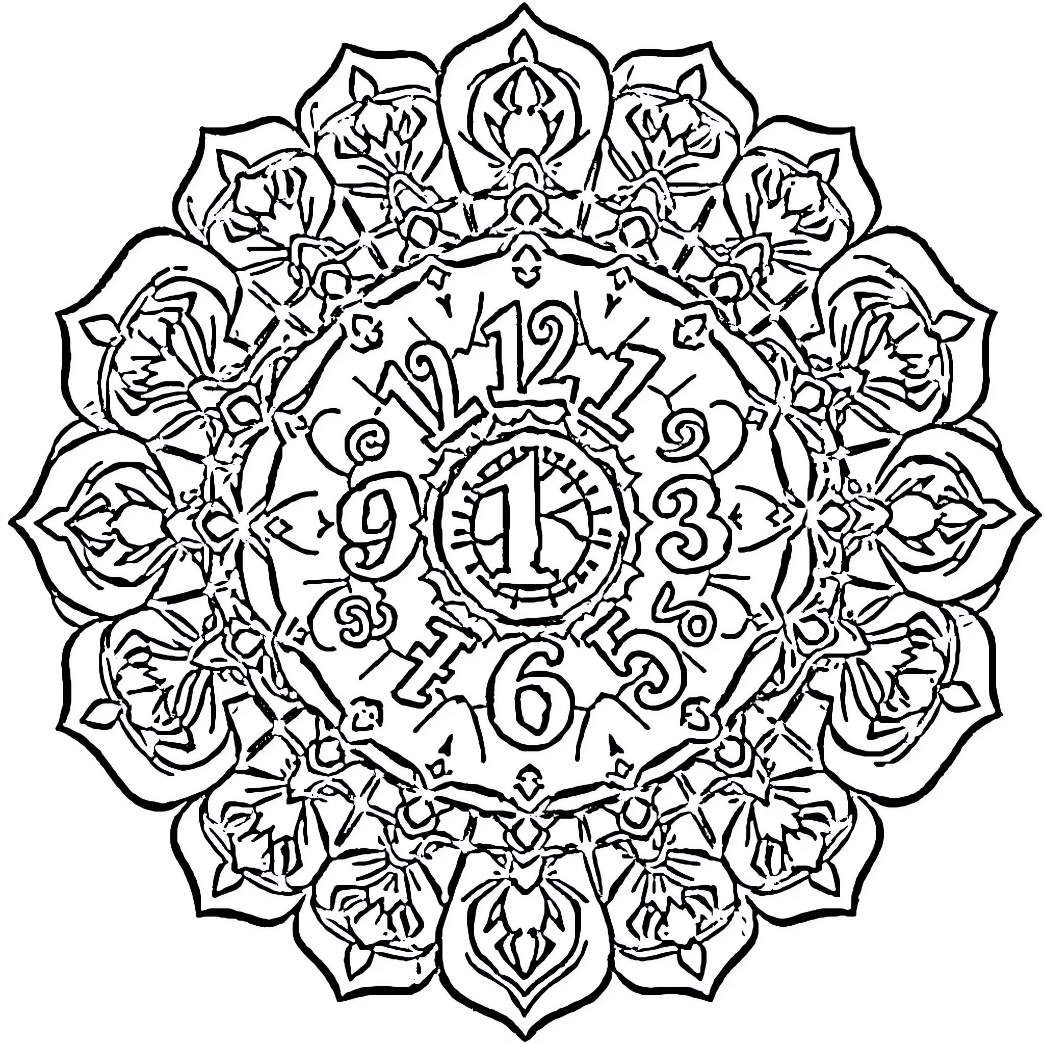 Mandala with floral design and clock elements Coloring Page (free black-and-white line drawing printable PDF for all, from beginners to advanced learners, including children, teens, adults, and seniors)