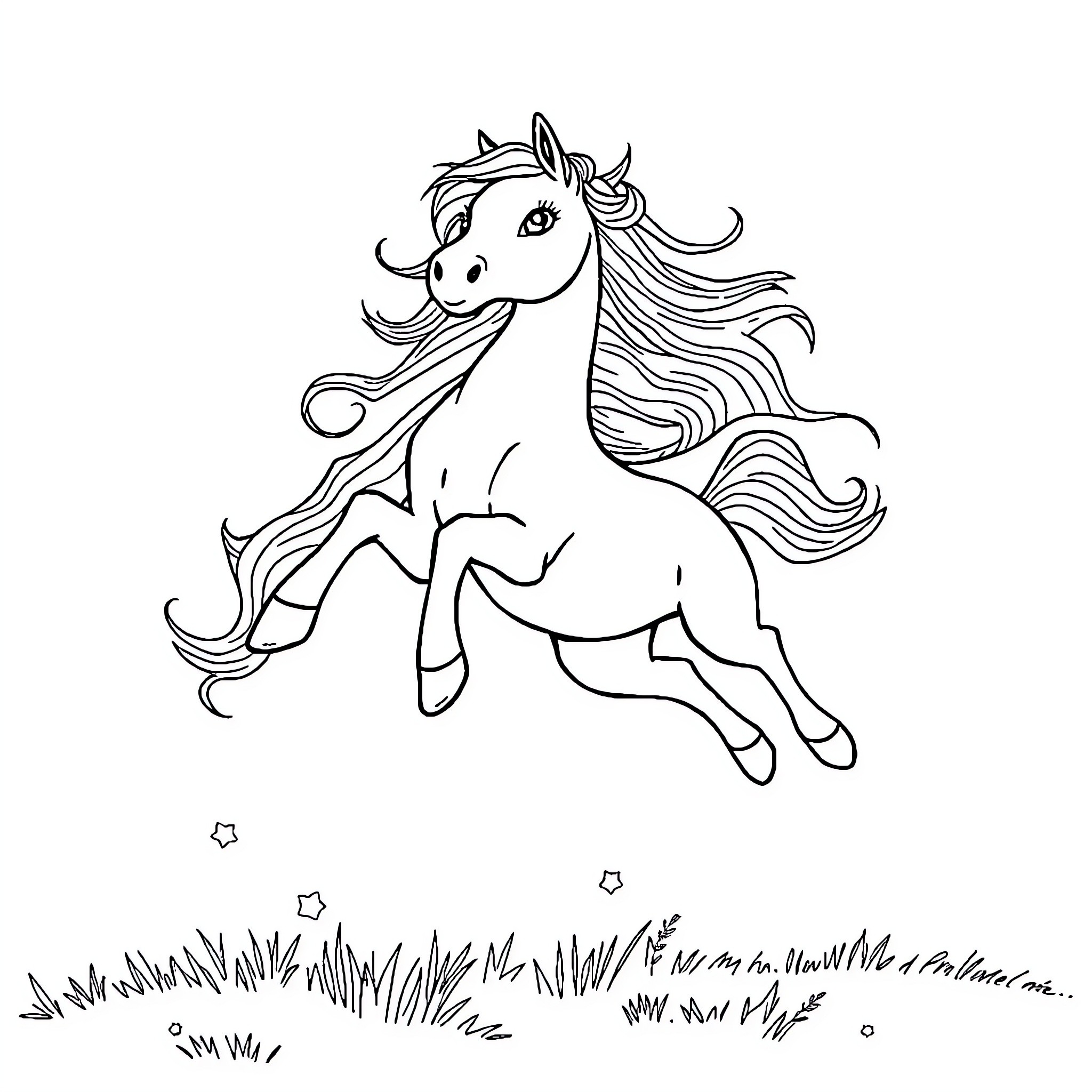 Pony prancing joyfully in a grassy field Coloring Page (free black-and-white line drawing printable PDF for all, from beginners to advanced learners, including children, teens, adults, and seniors)
