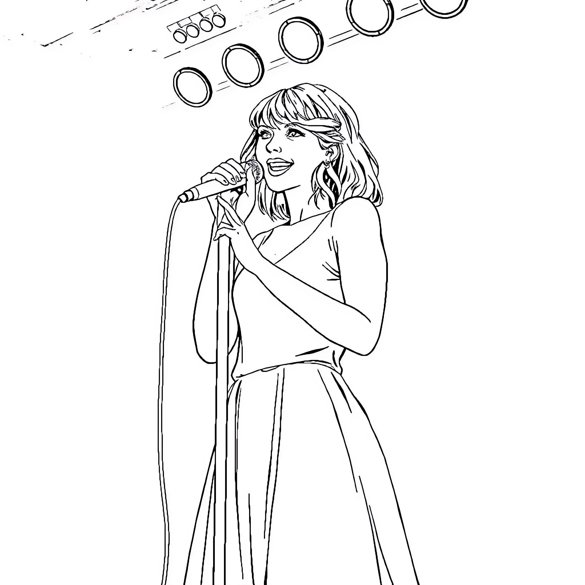 Taylor Swift performing on stage with microphone Coloring Page (free black-and-white line drawing printable PDF for all, from beginners to advanced learners, including children, teens, adults, and seniors)