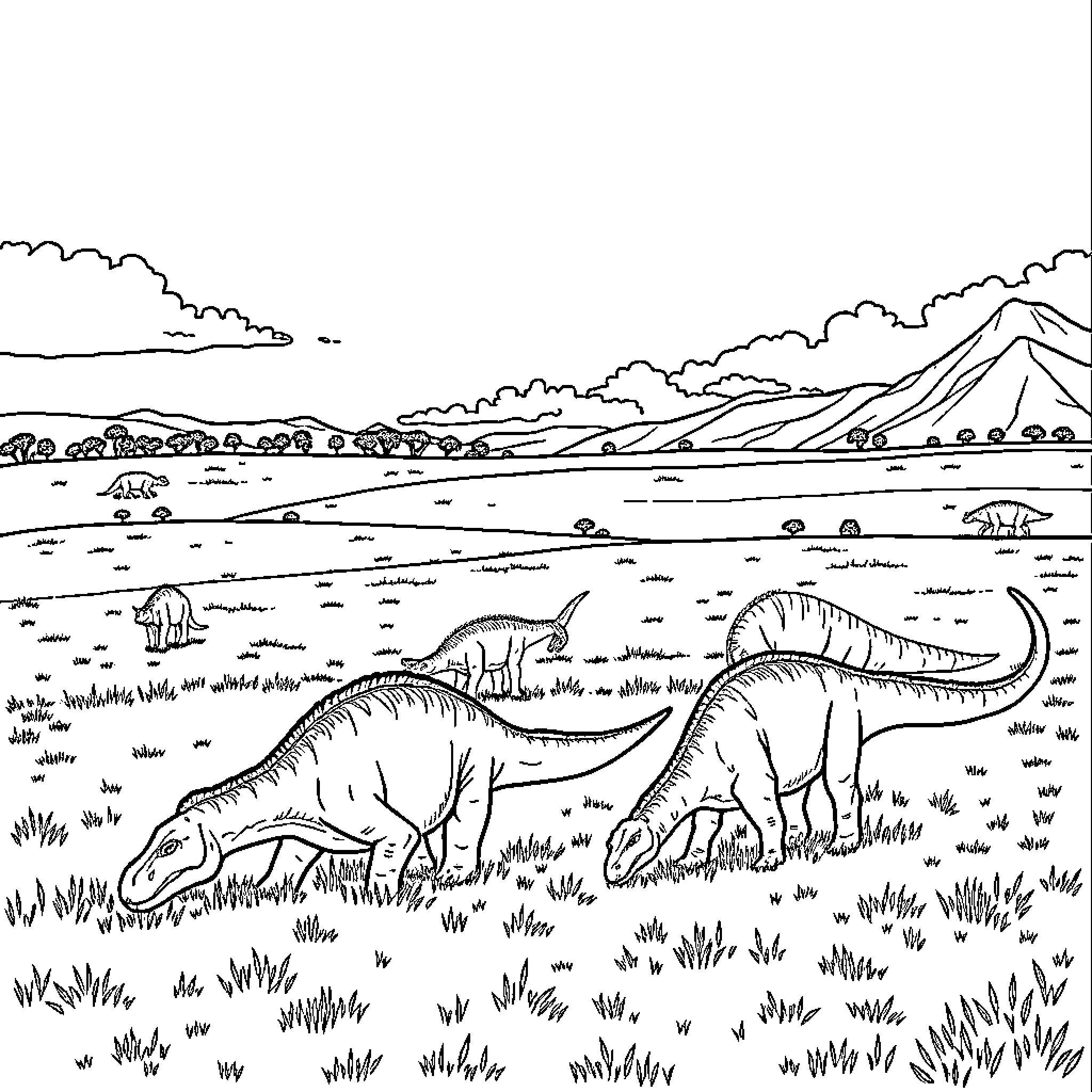 Dinosaurs roaming the prehistoric landscape Coloring Page (free black-and-white line drawing printable PDF for all, from beginners to advanced learners, including children, teens, adults, and seniors)