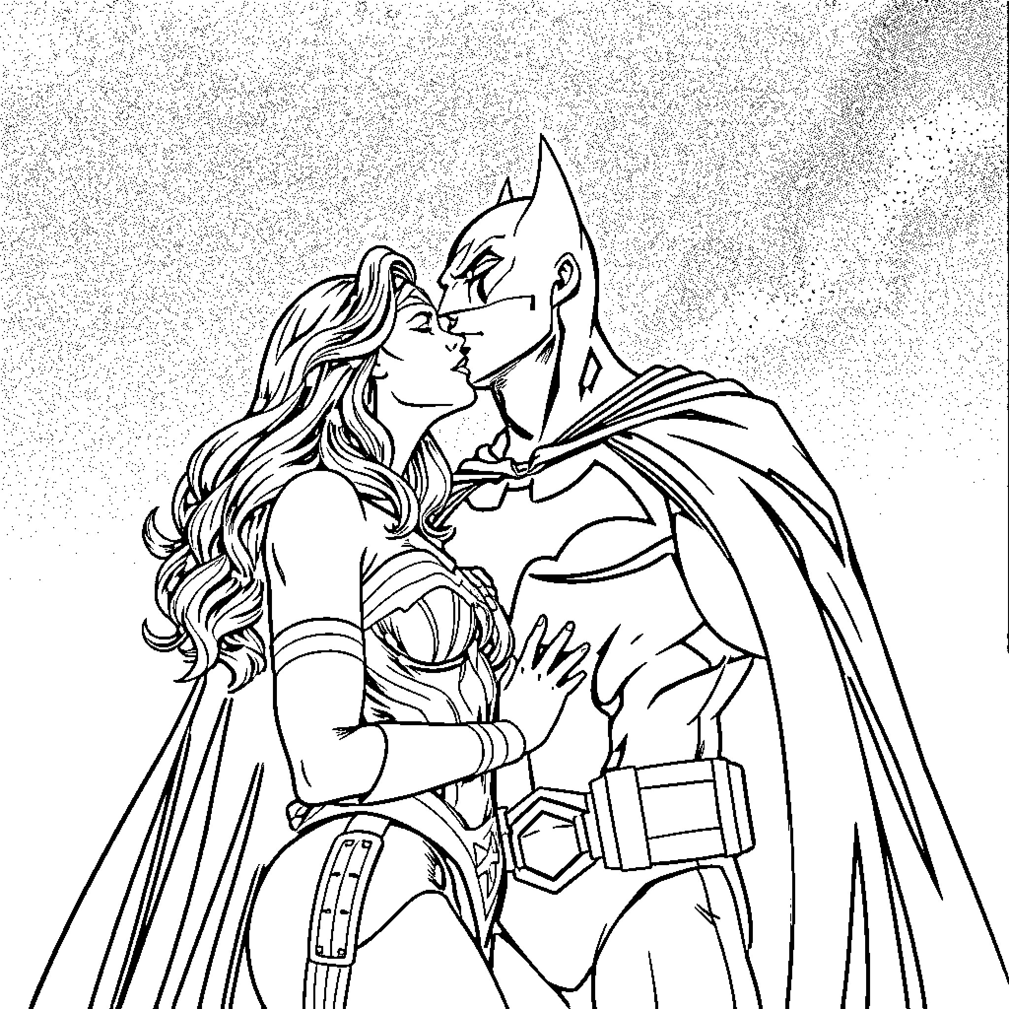 Wonder Woman and Batman sharing a romantic moment Coloring Page (free black-and-white line drawing printable PDF for all, from beginners to advanced learners, including children, teens, adults, and seniors)