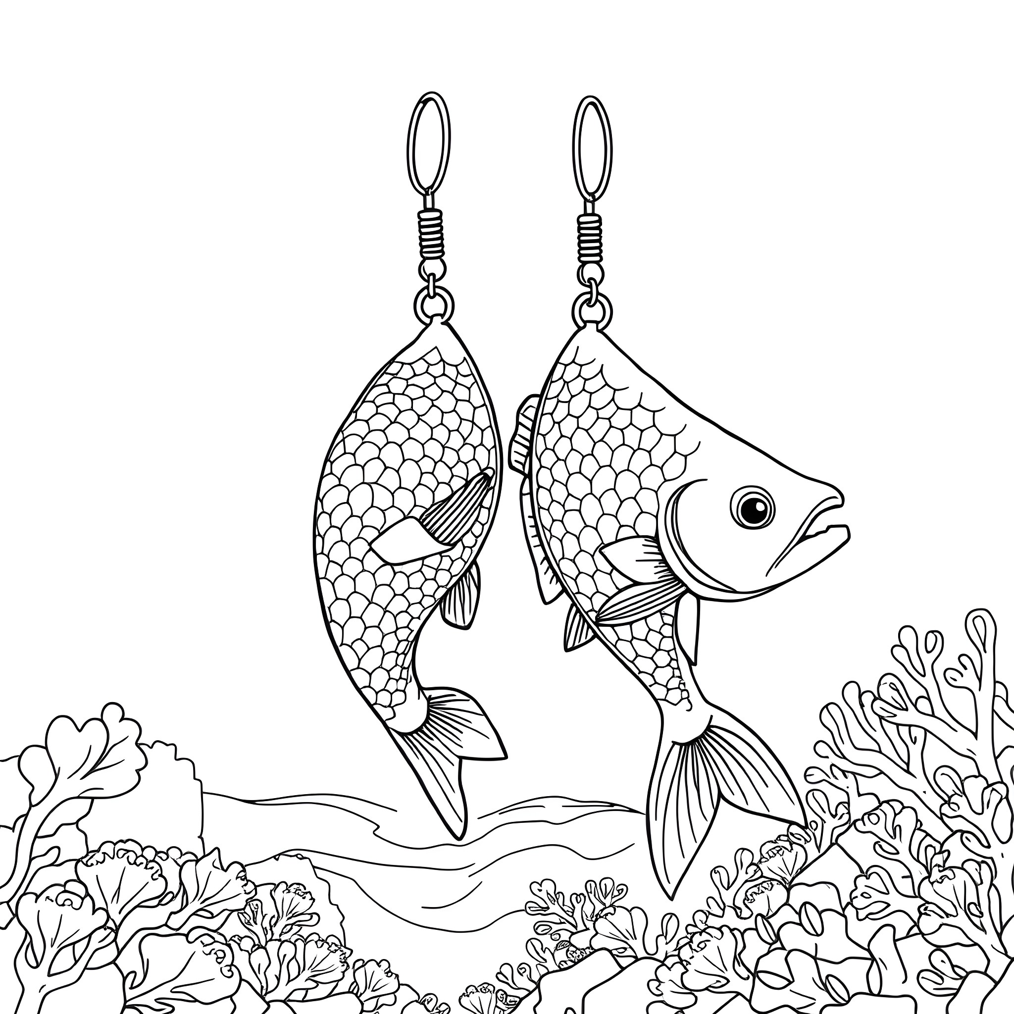 Salmon-shaped earrings swimming in the underwater coral reef Coloring Page (free black-and-white line drawing printable PDF for all, from beginners to advanced learners, including children, teens, adults, and seniors)