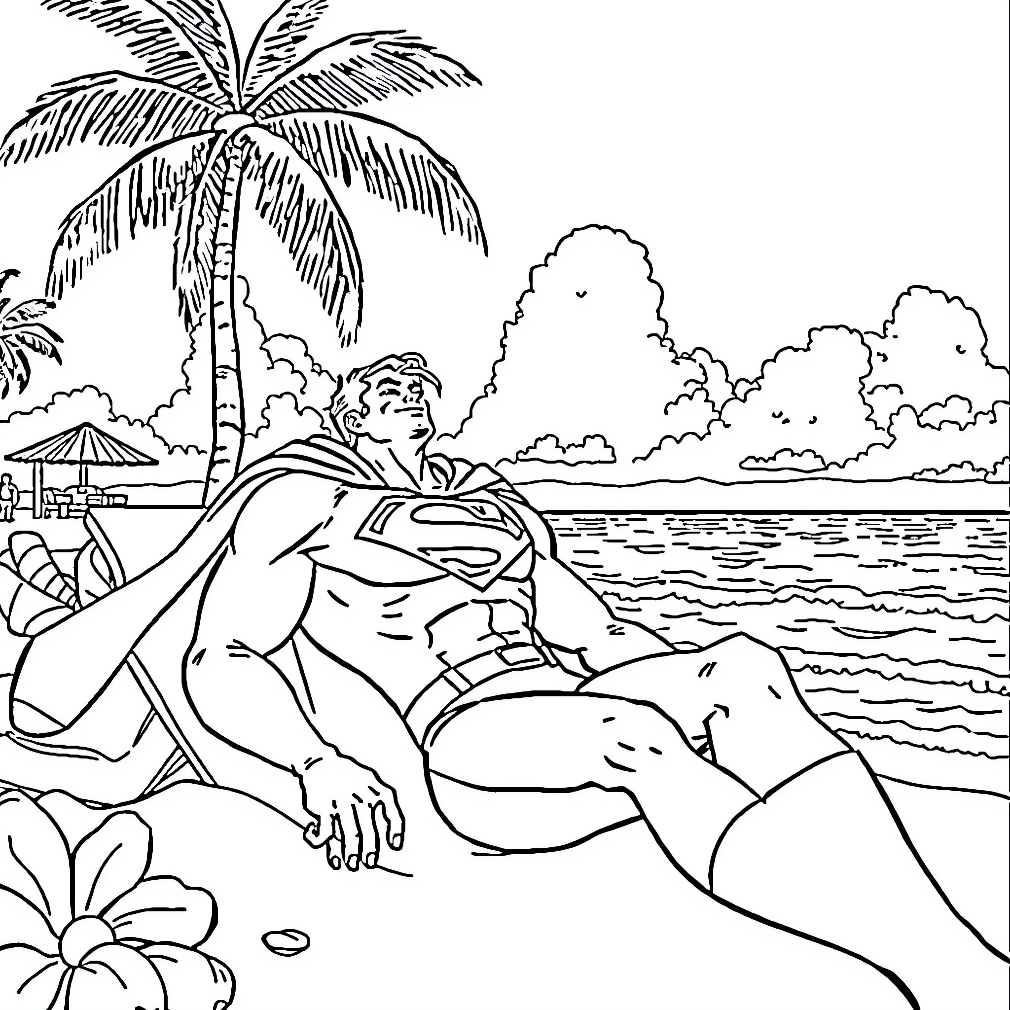 Superman relaxing on a tropical beach Coloring Page (free black-and-white line drawing printable PDF for all, from beginners to advanced learners, including children, teens, adults, and seniors)