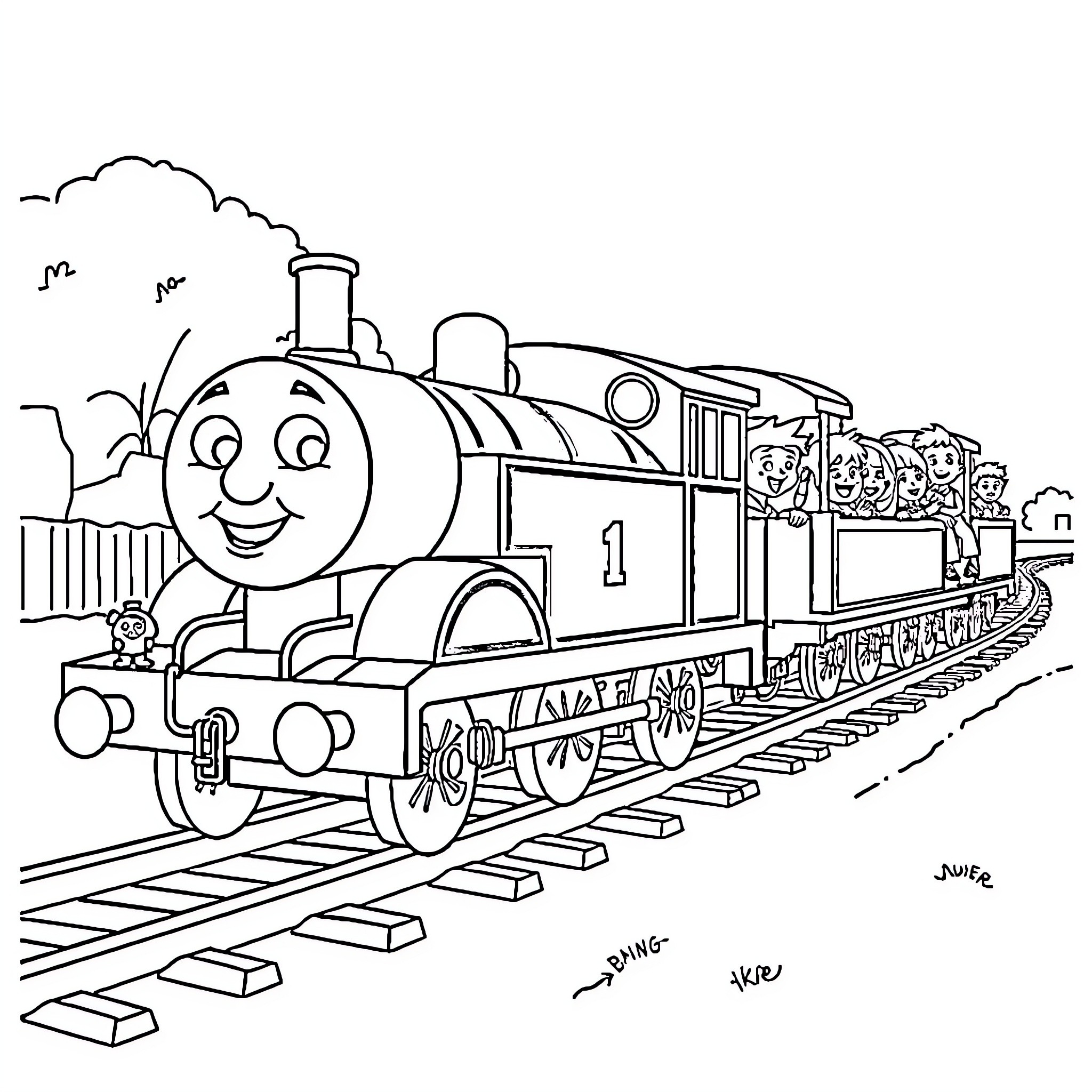 Thomas the Train's Cheerful Journey on the Tracks Coloring Page (free black-and-white line drawing printable PDF for all, from beginners to advanced learners, including children, teens, adults, and seniors)