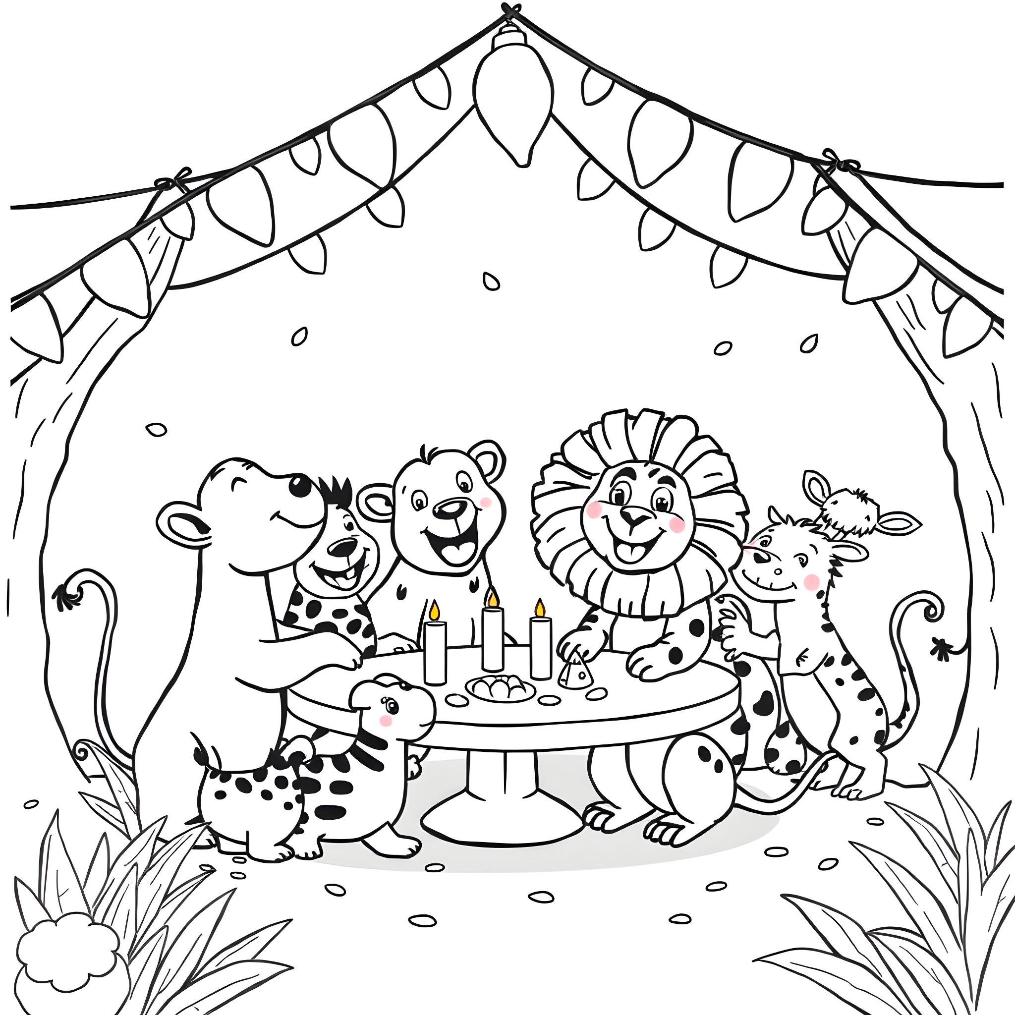 Zoo Animals Celebrating a Party with Decorations Coloring Page (free black-and-white line drawing printable PDF for all, from beginners to advanced learners, including children, teens, adults, and seniors)