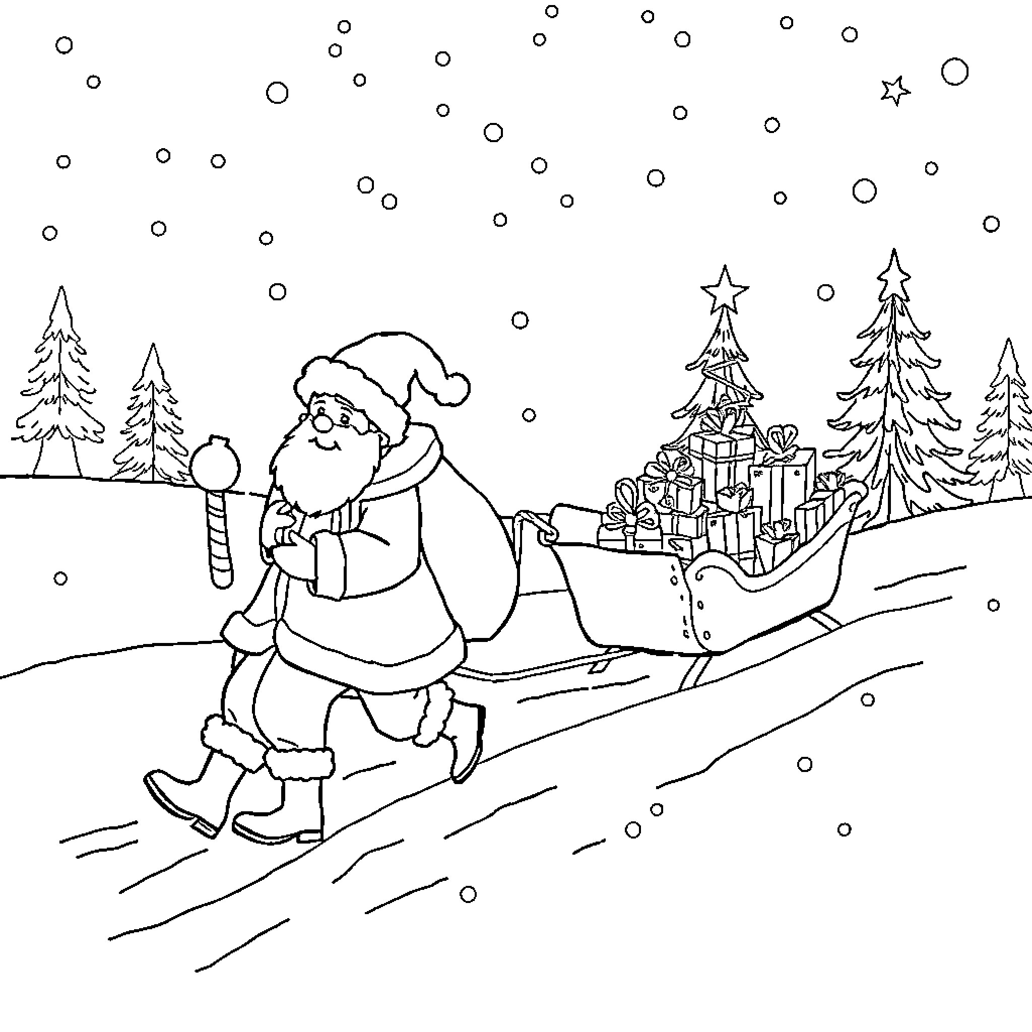 Reindeer Santa delivering gifts on a snowy night Coloring Page (free black-and-white line drawing printable PDF for all, from beginners to advanced learners, including children, teens, adults, and seniors)