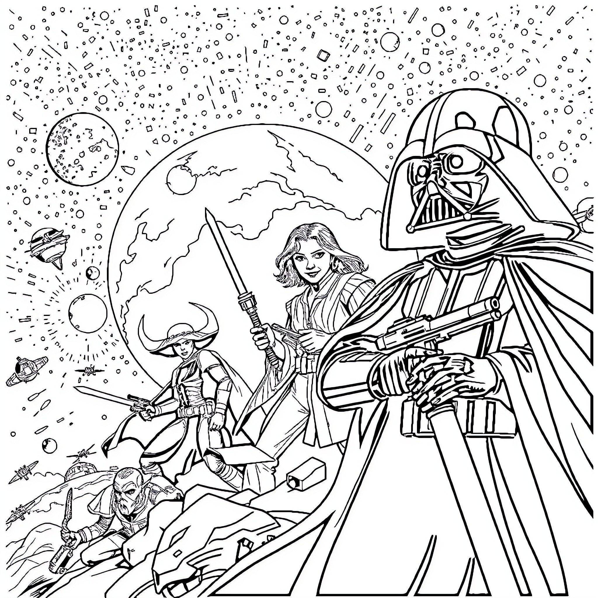 Star Wars: Epic Space Battles and Heroic Figures Coloring Page (free black-and-white line drawing printable PDF for all, from beginners to advanced learners, including children, teens, adults, and seniors)
