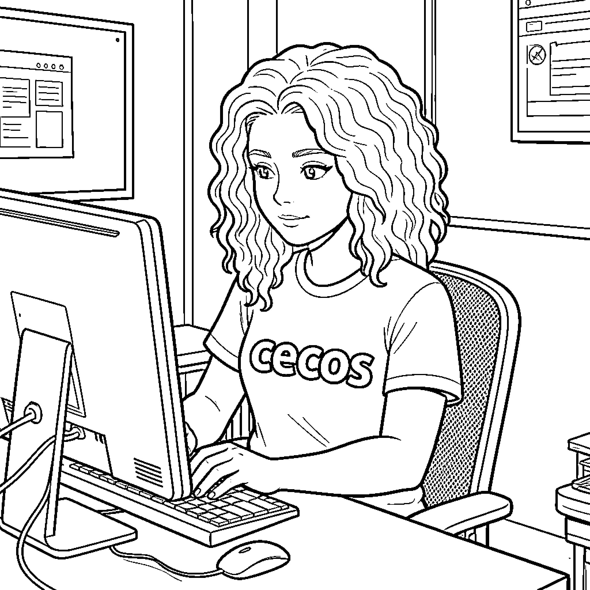 Girl works diligently at computer in office Coloring Page (free black-and-white line drawing printable PDF for all, from beginners to advanced learners, including children, teens, adults, and seniors)