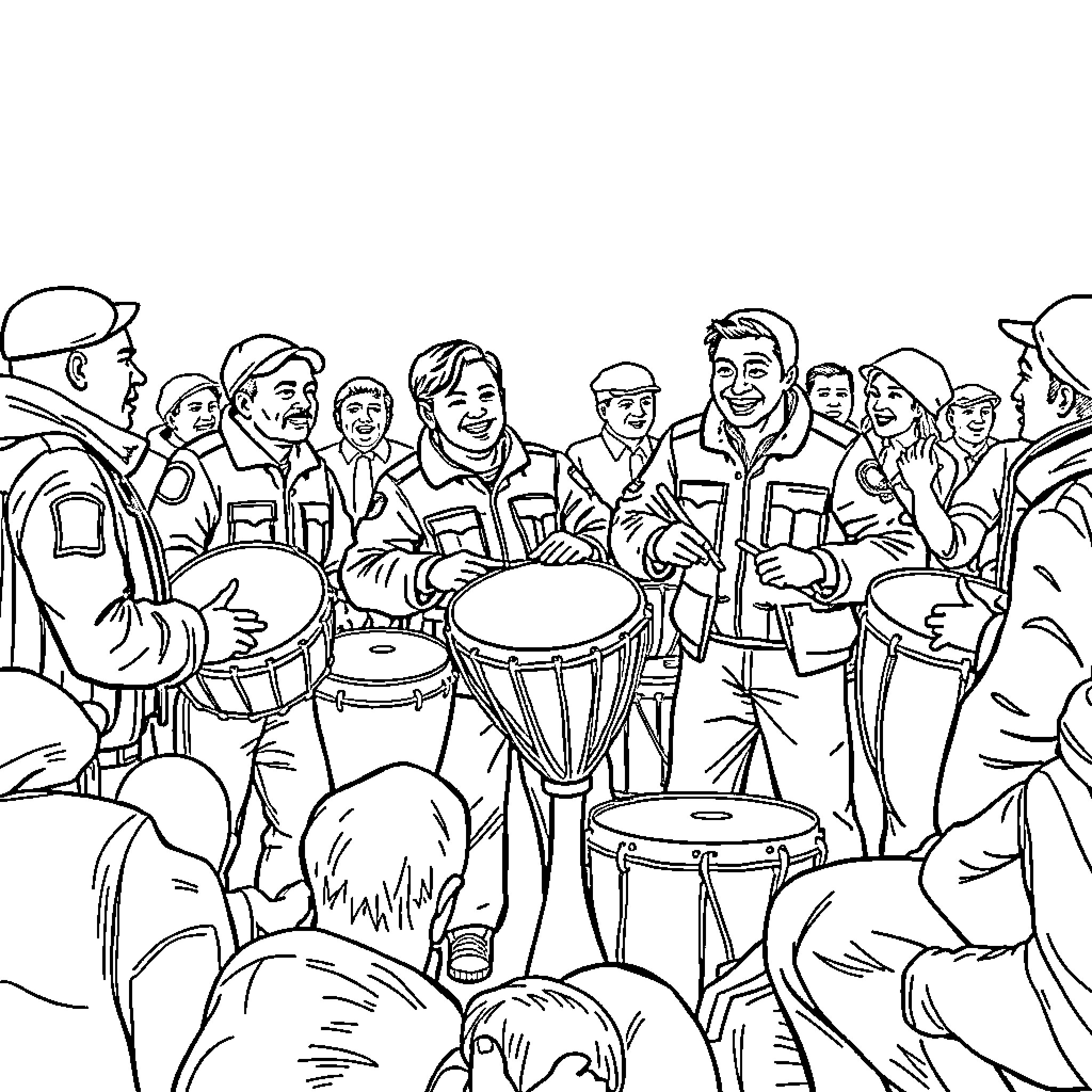 Ice Agent Drum Corps Performing on Stage Coloring Page (free black-and-white line drawing printable PDF for all, from beginners to advanced learners, including children, teens, adults, and seniors)