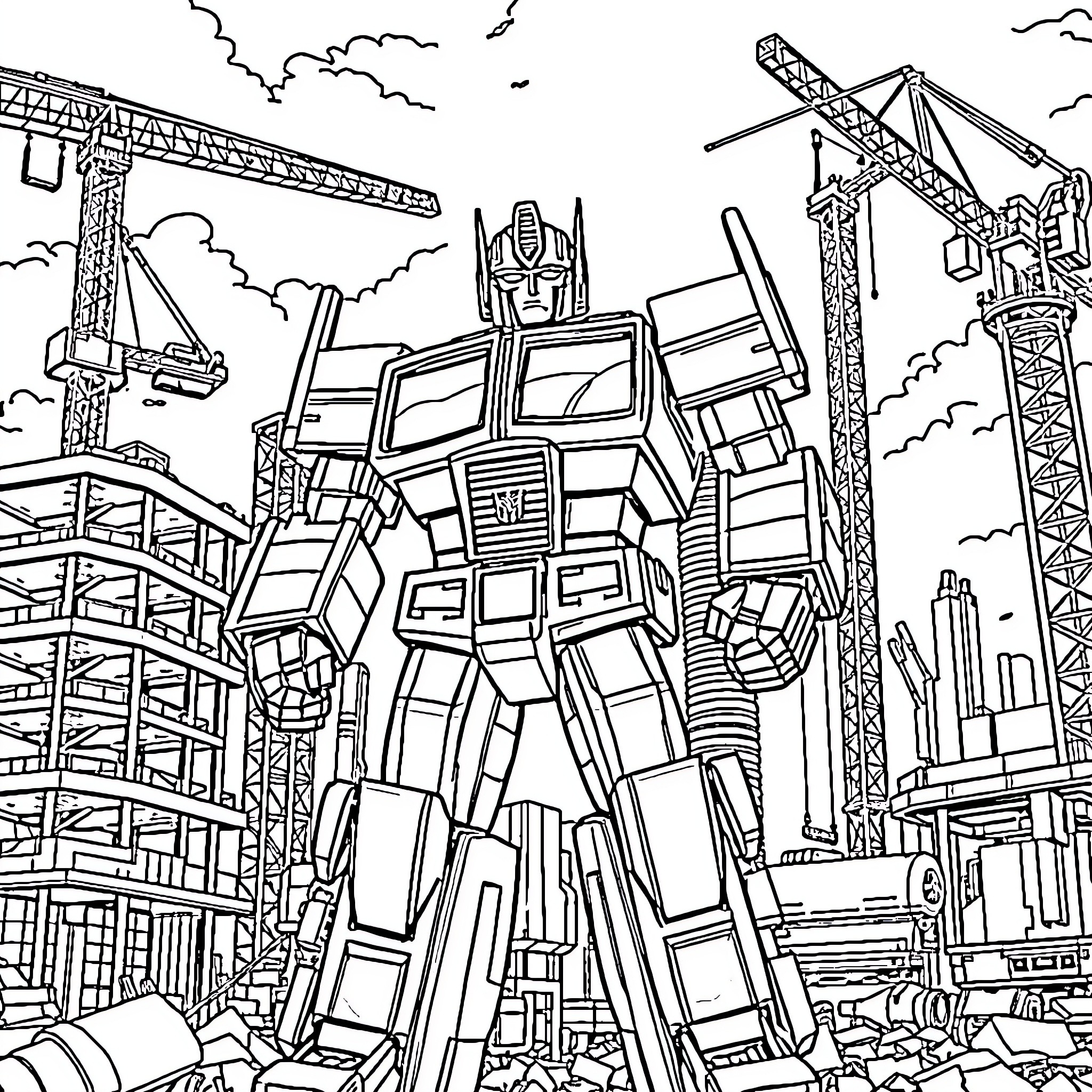 Optimus Prime Leads Construction Efforts in Cybertron City Coloring Page (free black-and-white line drawing printable PDF for all, from beginners to advanced learners, including children, teens, adults, and seniors)