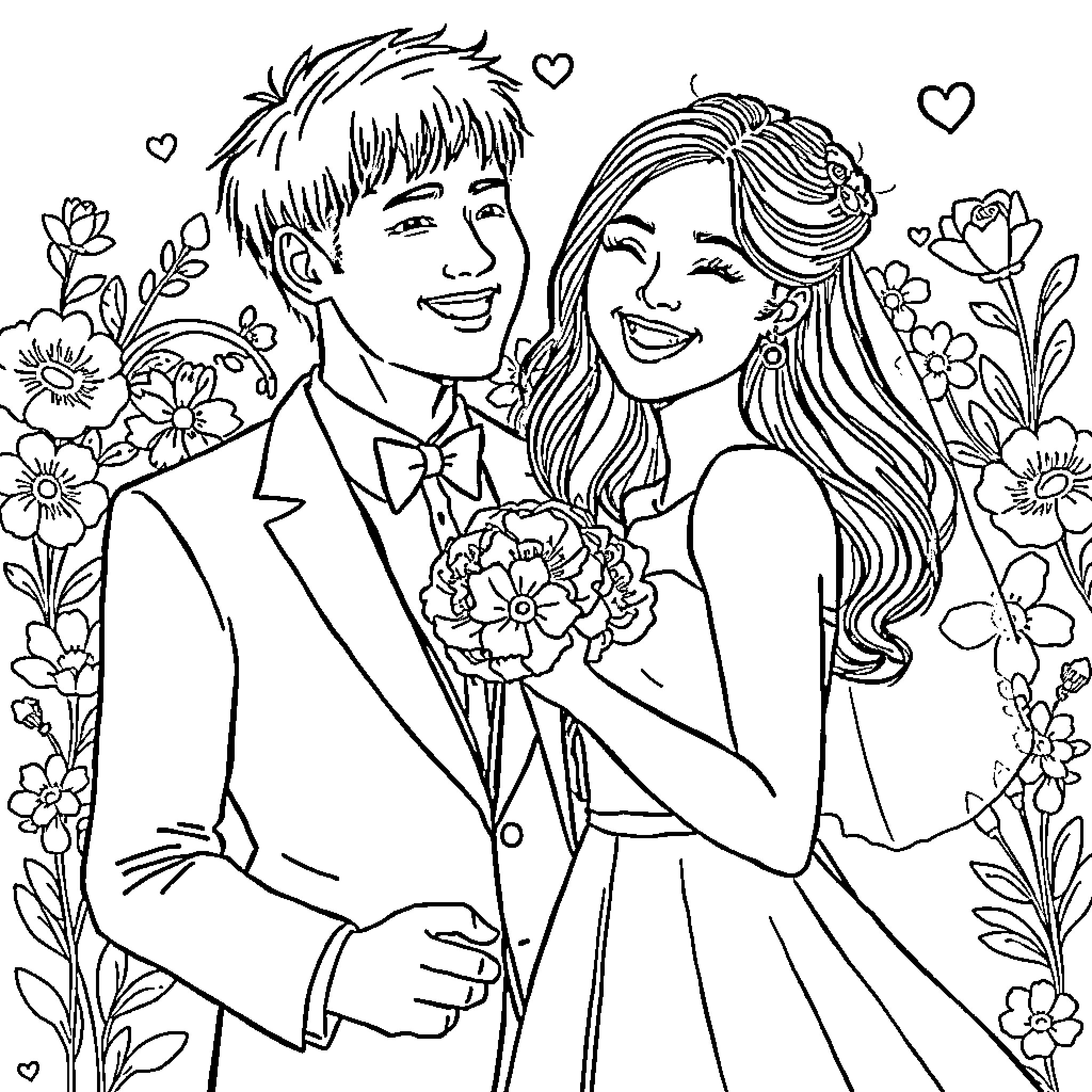 Yumi's Romantic Wedding Celebration Coloring Page (free black-and-white line drawing printable PDF for all, from beginners to advanced learners, including children, teens, adults, and seniors)