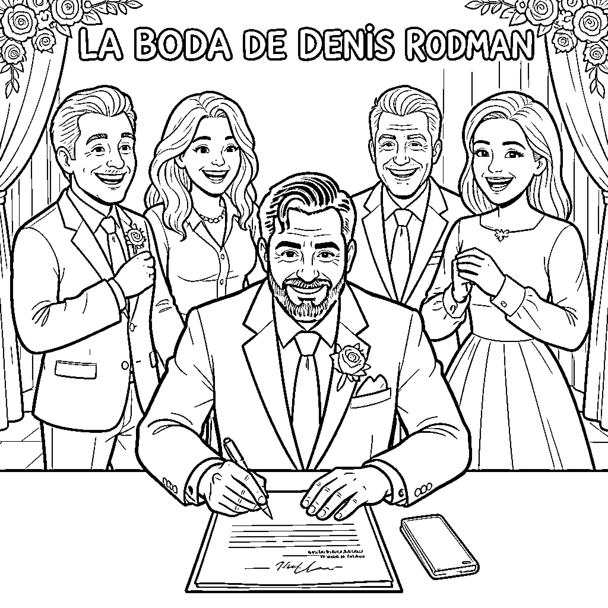 Denis Rodman's Formal Wedding Celebration Coloring Page (free black-and-white line drawing printable PDF for all, from beginners to advanced learners, including children, teens, adults, and seniors)