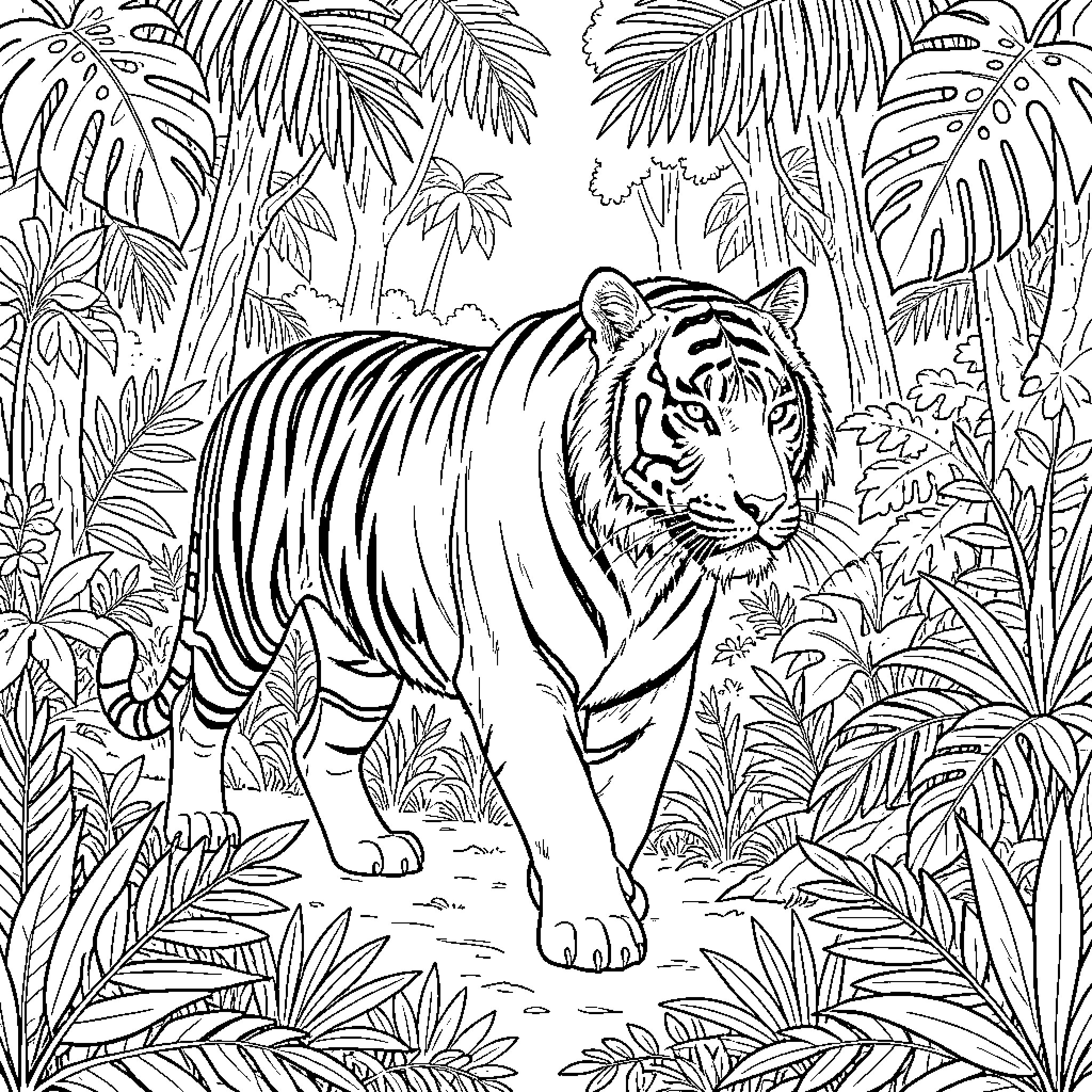 Tiger prowling through lush jungle foliage Coloring Page (free black-and-white line drawing printable PDF for all, from beginners to advanced learners, including children, teens, adults, and seniors)