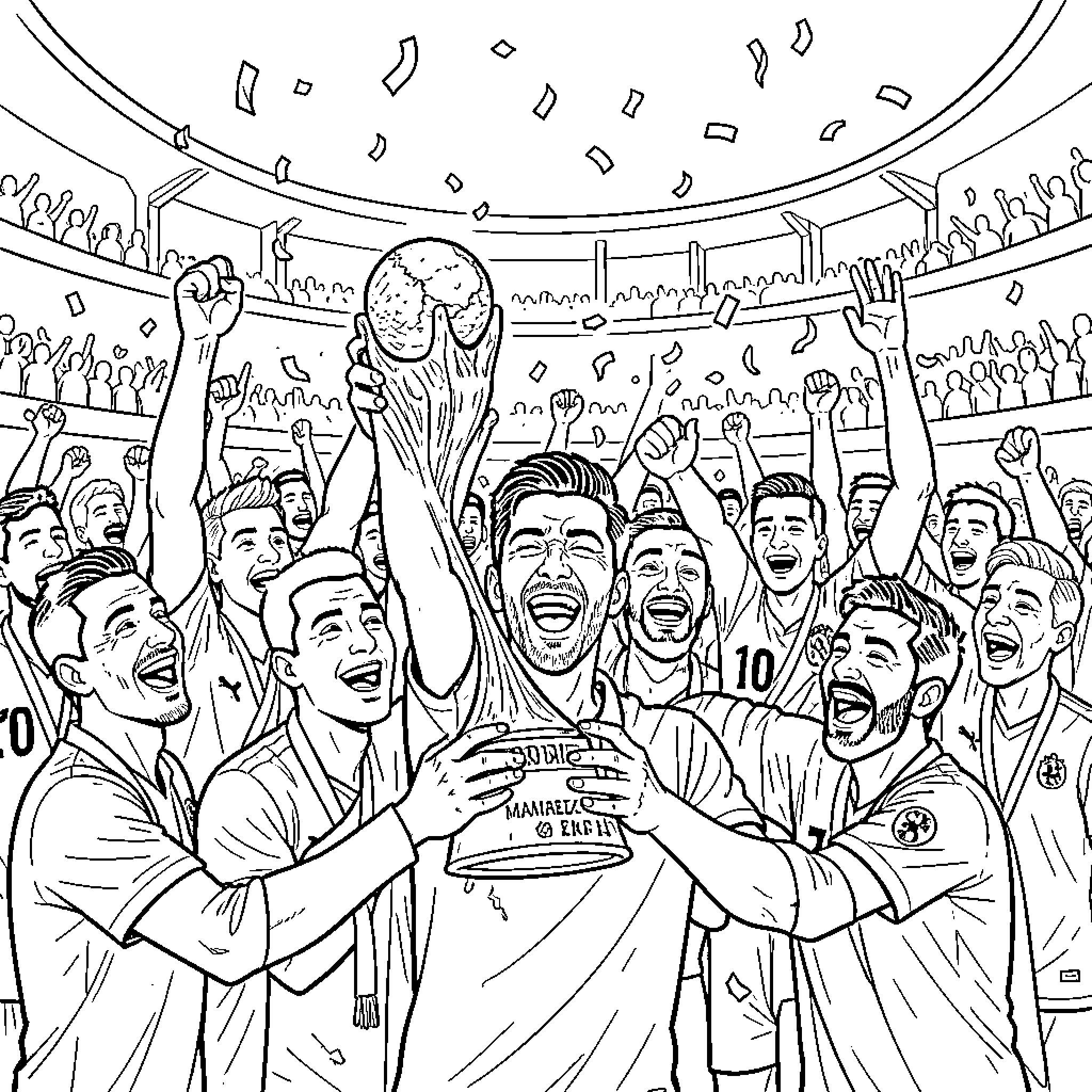 Riad Mahrez celebrating a victory with a trophy Coloring Page (free black-and-white line drawing printable PDF for all, from beginners to advanced learners, including children, teens, adults, and seniors)