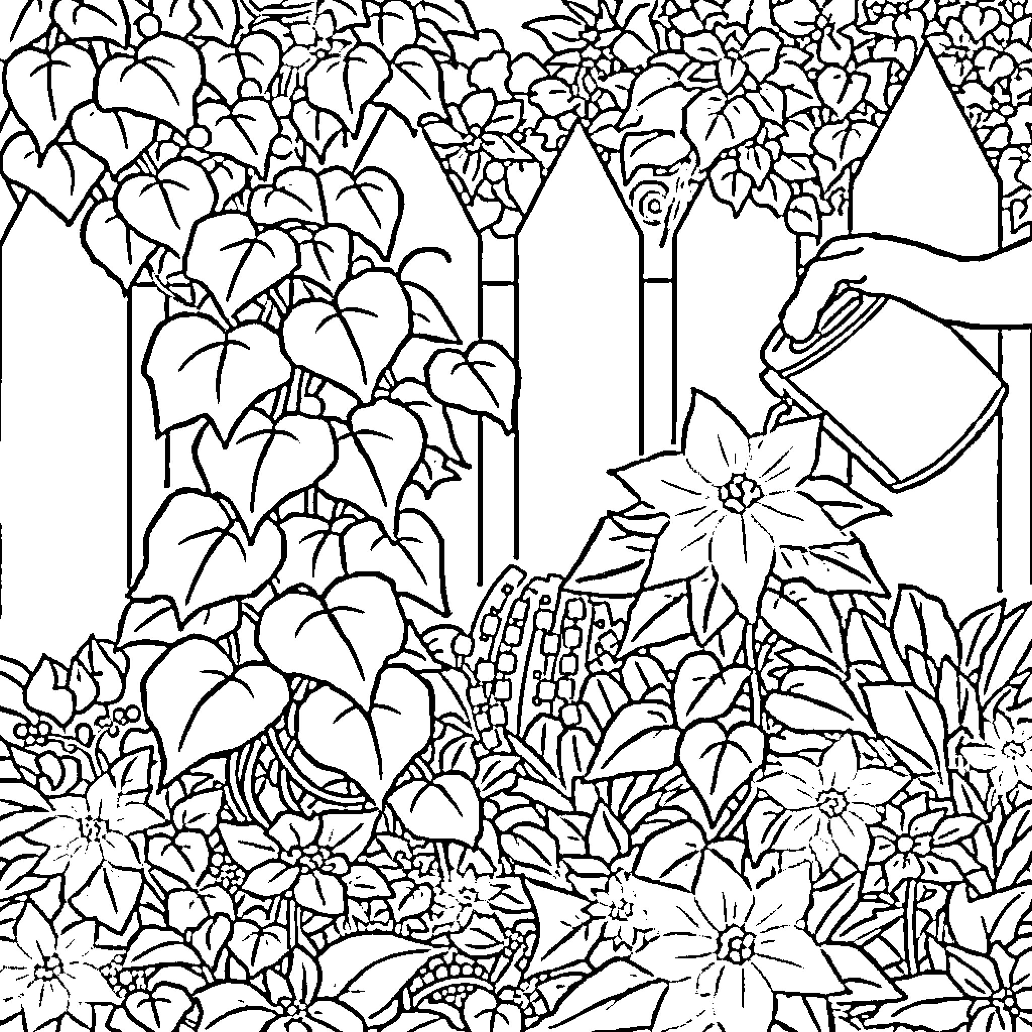 Poison Ivy tending to her lush garden Coloring Page (free black-and-white line drawing printable PDF for all, from beginners to advanced learners, including children, teens, adults, and seniors)